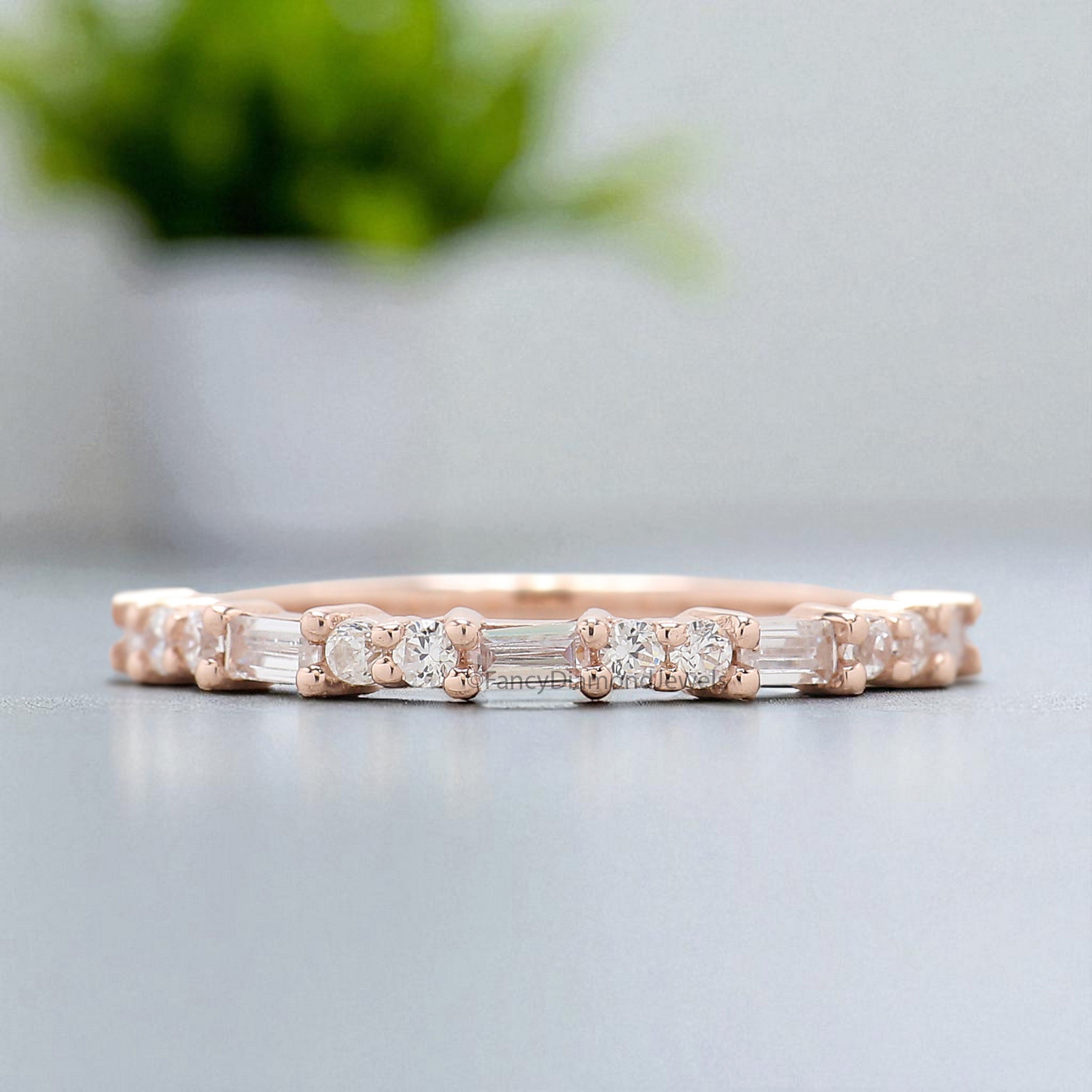 Silver/10K/14K/18K Gold Baguette And Round Diamond Wedding Band Half Eternity Minimalist stacking dainty matching anniversary ring KD1145