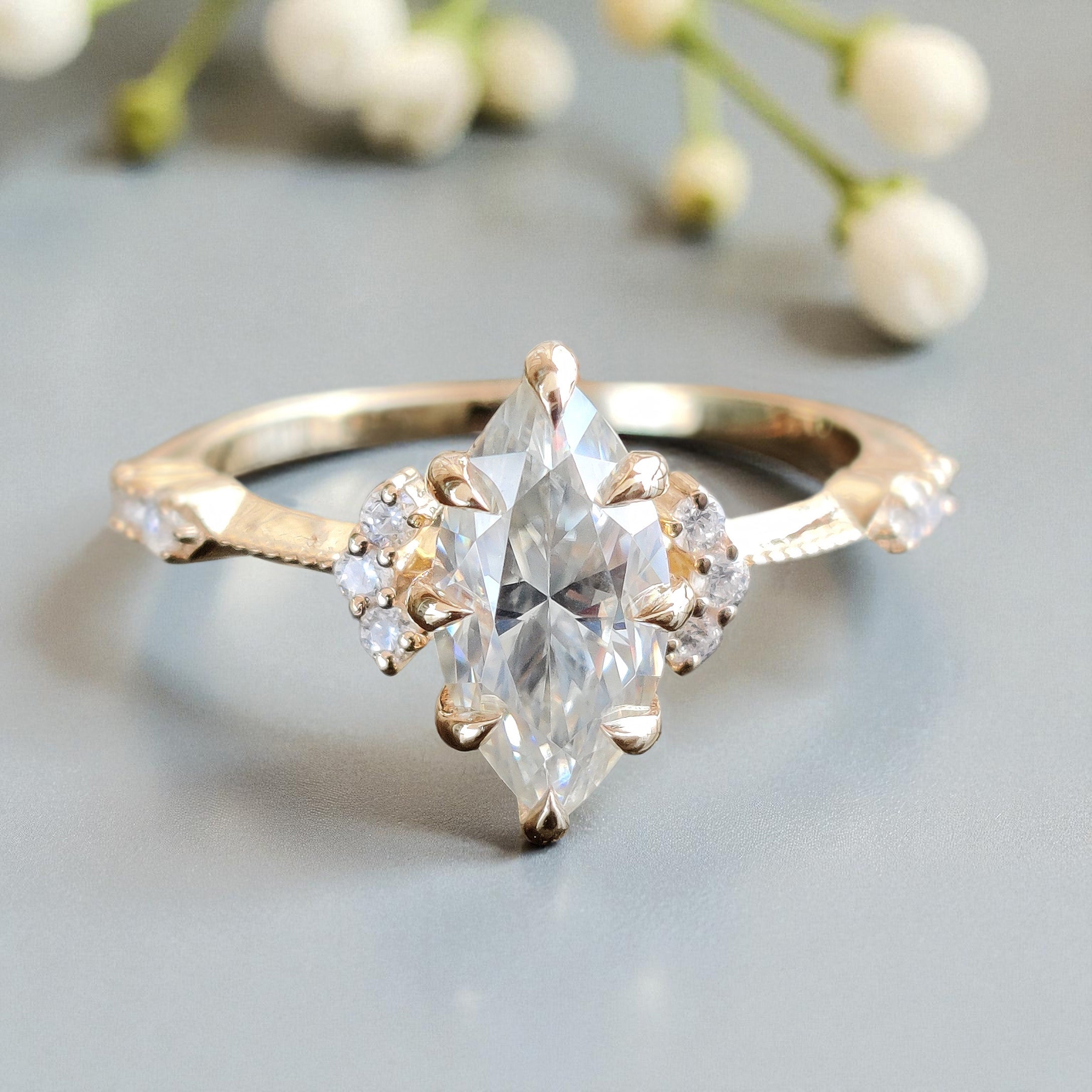 1.10 CT Marquise Lab Grown Diamond Engagement Ring Knife Band Round Diamond Ring Bridal Promise Ring Yellow Gold Ring Gift For Her FD455