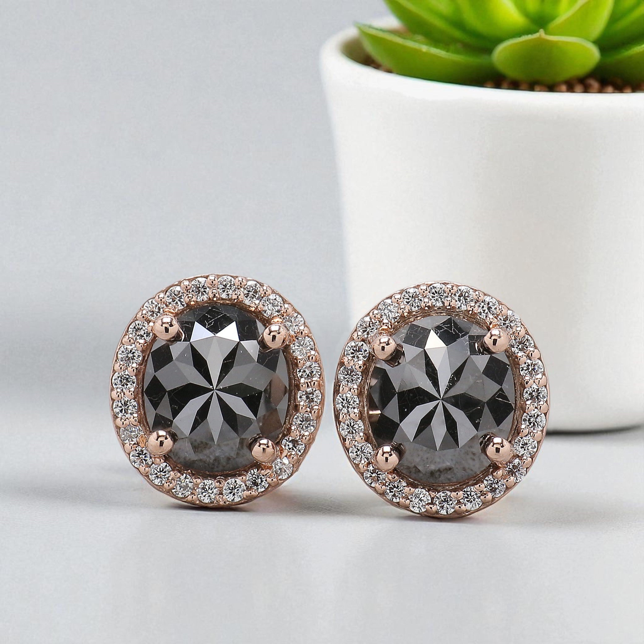 4.45 CT Oval Shape Salt And Pepper Diamond Earring Oval Cut Earring Halo Set Earring Engagement Earring Earlobe Earrings Gift For Her KD861
