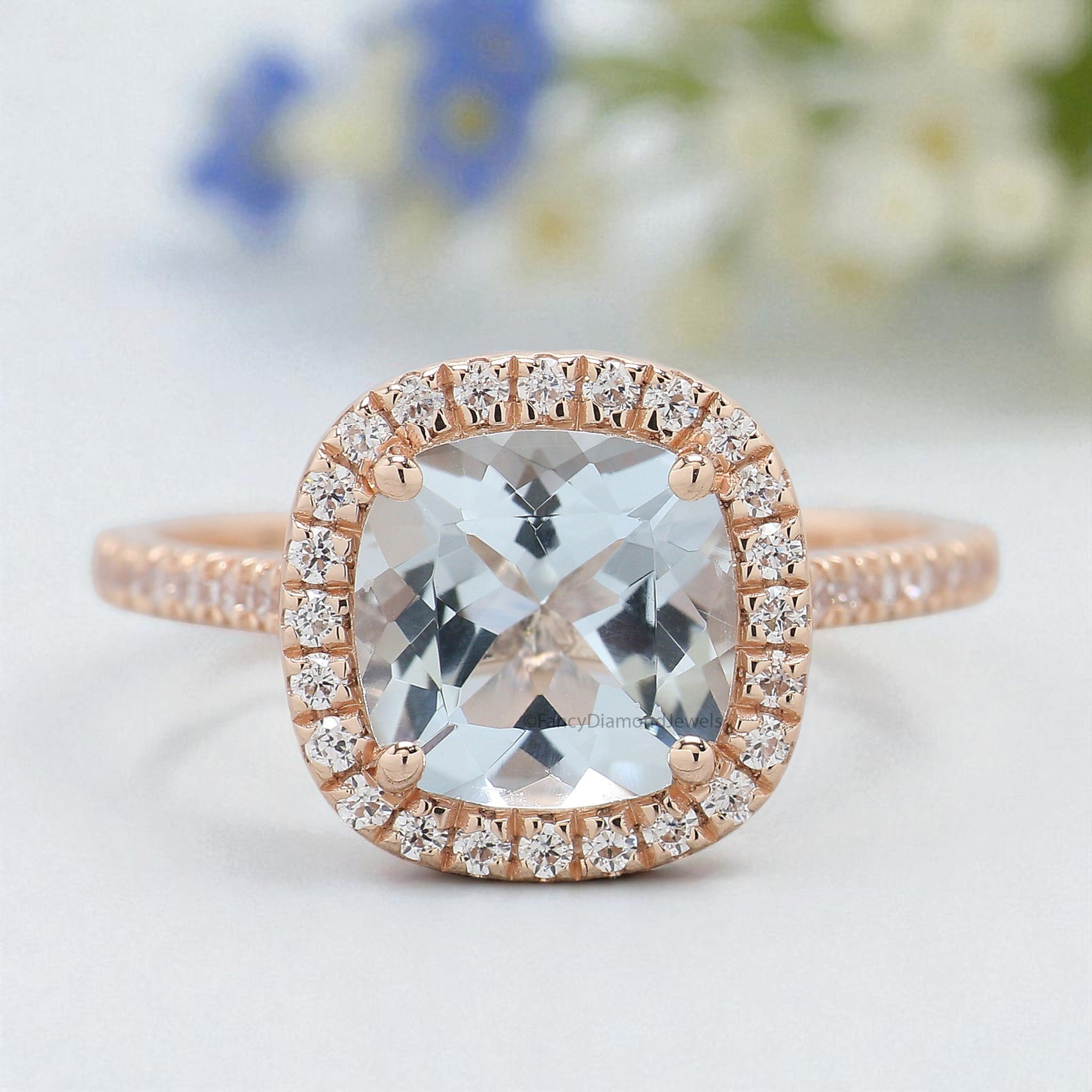 1.60 CT Cushion Natural Aquamarine Engagement Ring Rose Gold Ring Cushion Diamond Wedding Ring Unique Vintage Halo Ring Gift For Her FD431