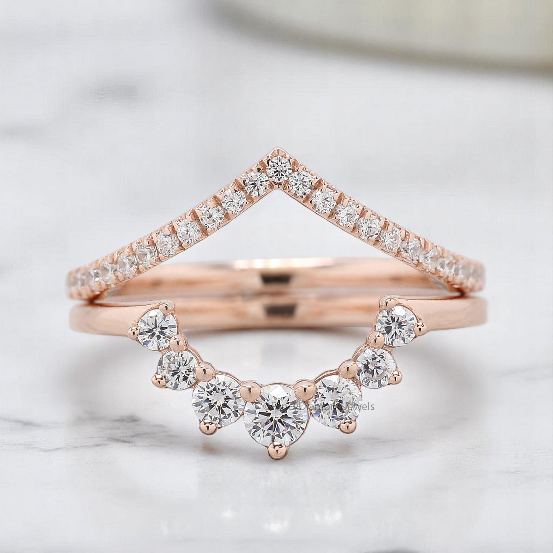 Double Banded Wedding Ring 0.56 TW Round Diamond Band V Shaped Silver/10K/14K/18K Band Half Eternity Engagement Band Anniversary Ring FD371