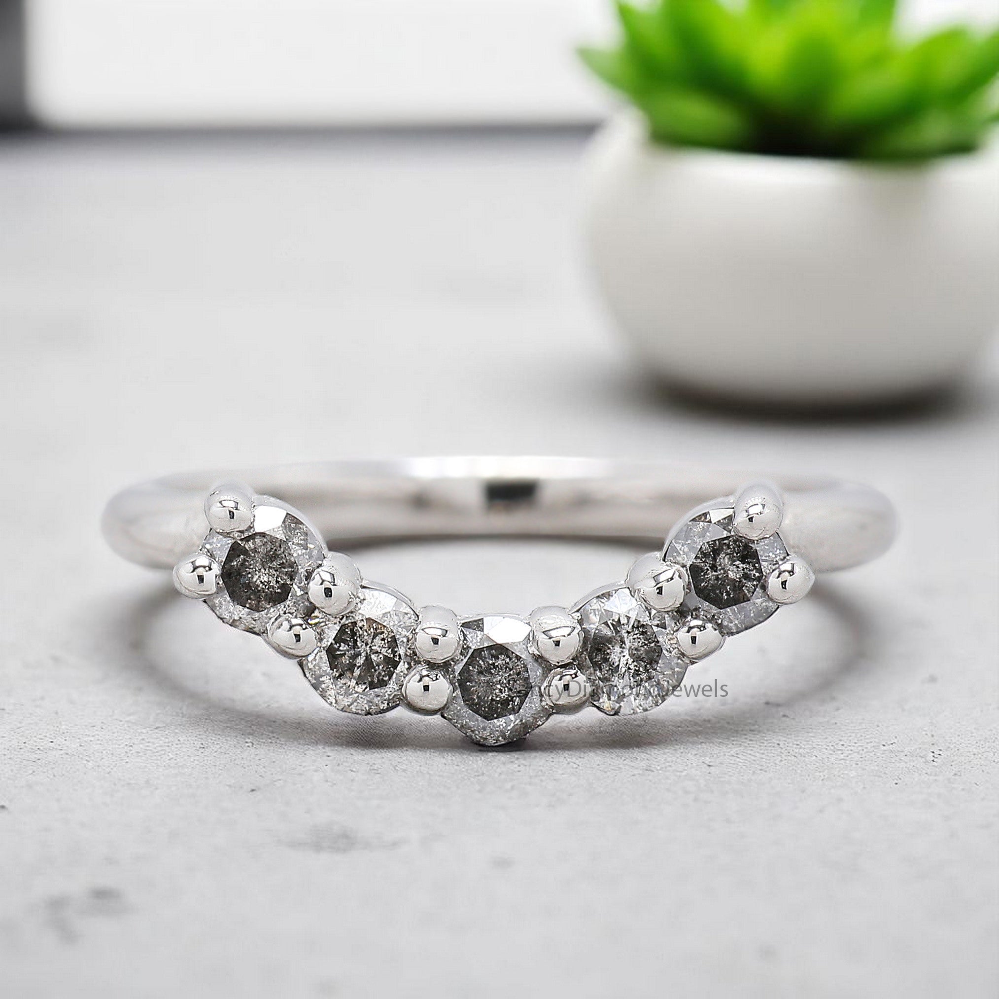 0.53 Ct Salt And Pepper Round Diamond Wedding Band Silver/10K/14K/18K Band Half Eternity Minimalist stacking dainty matching Ring KD929