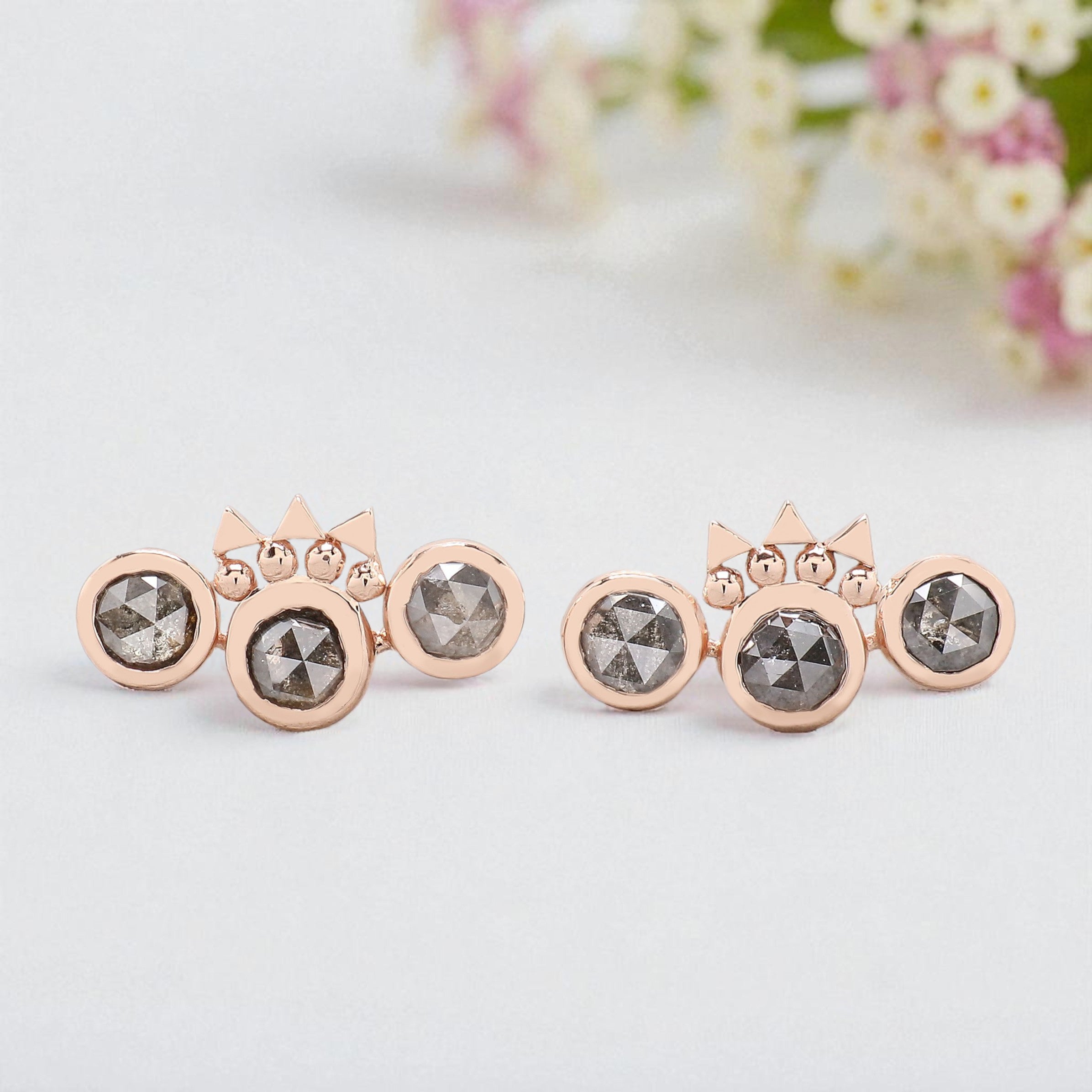 Round Salt And Pepper Diamond Earring Round Rose Shape Earring Bezel Earring Engagement Earring Earlobe Earrings Gift For Her KDN2059