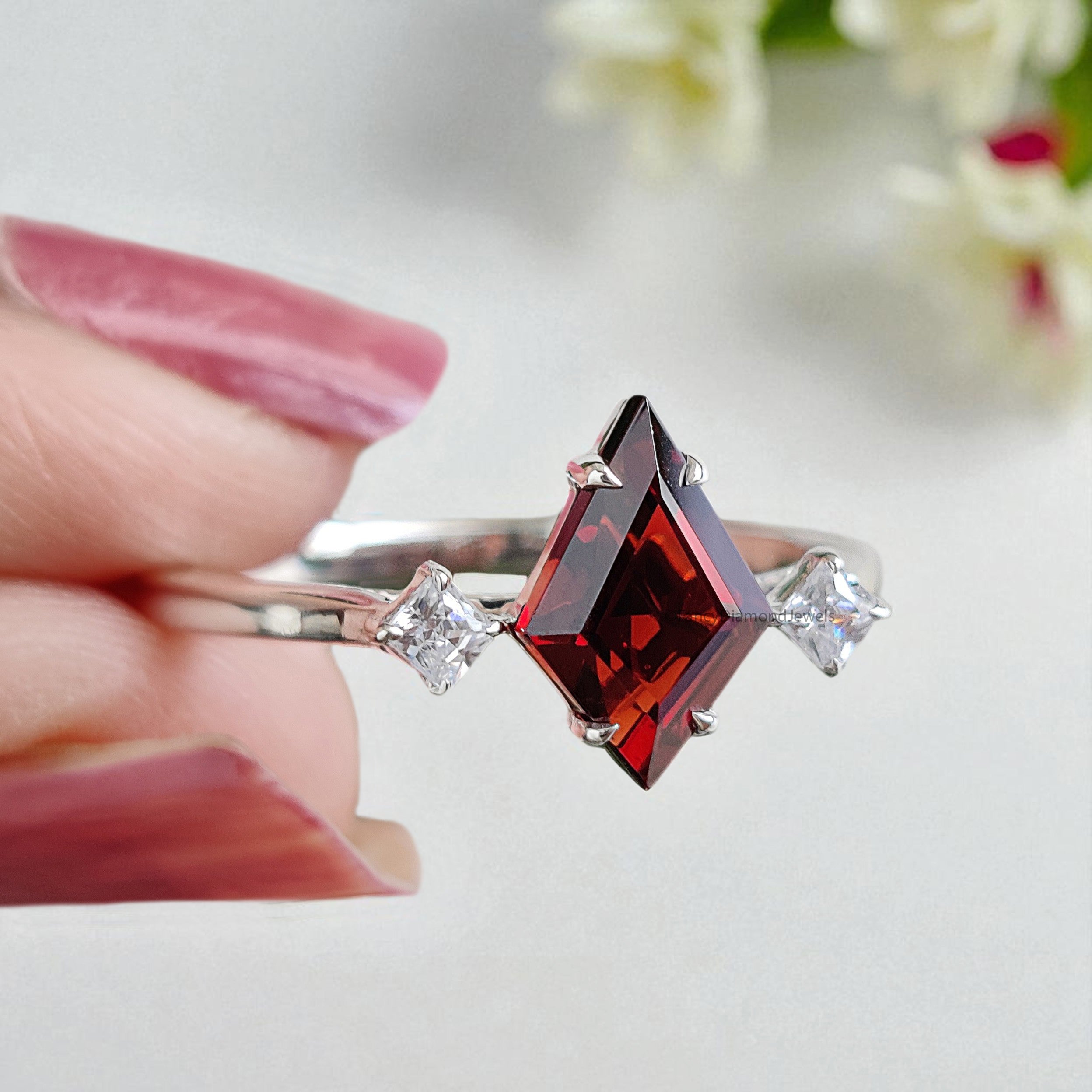 1.15 CT Natural Kite Red Garnet Engagement Ring White Gold Ring Kite Cut Diamond Wedding Ring Unique Art Deco Vintage Ring Gift For Her FD432