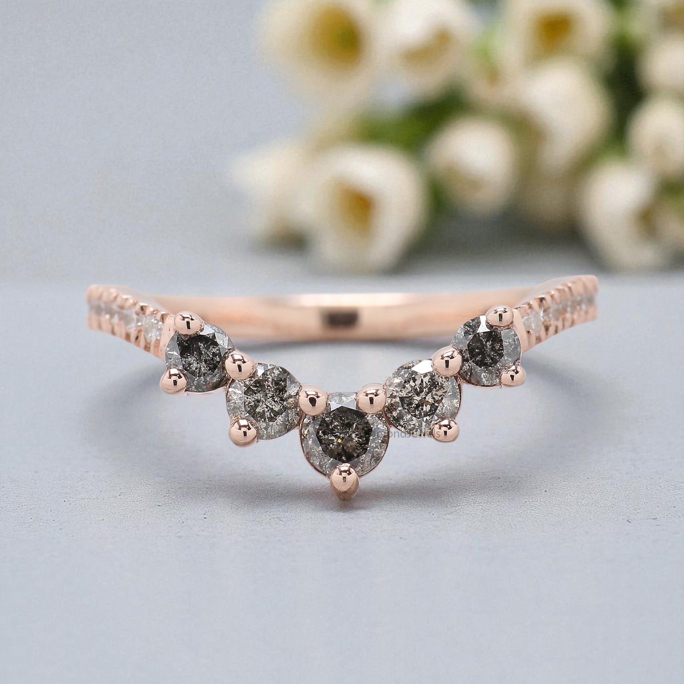 Curved wedding band 0.77 TW Round Salt And Pepper Diamond ring Chic Thin V Shaped band Silver/10K/14K/18K Band Half eternity band KD875