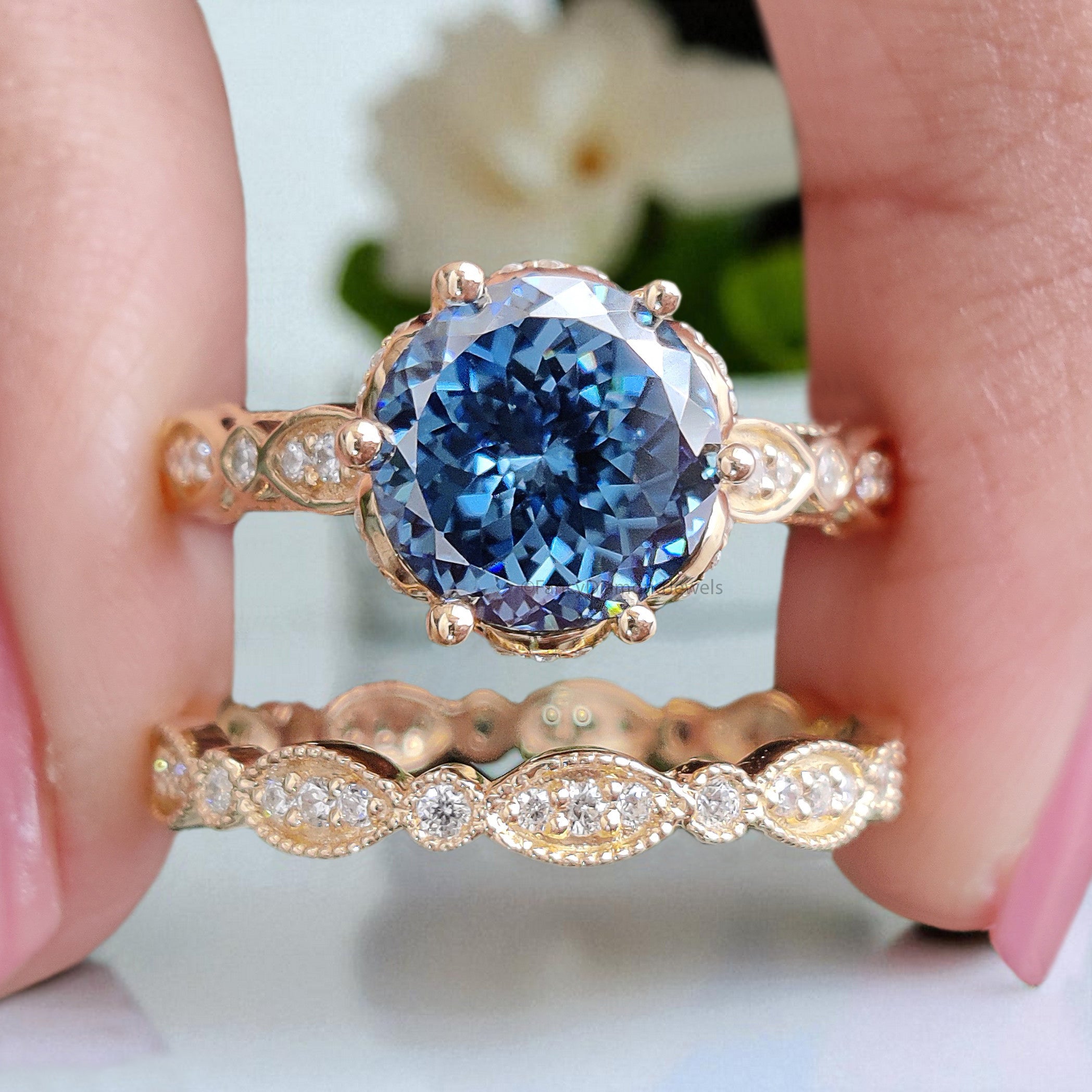 Antique Round Portuguese Cut Royal Blue Moissanite Engagement Ring 6 Prong Hidden Halo Ring With Full Eternity Scalloped Wedding Band FD407