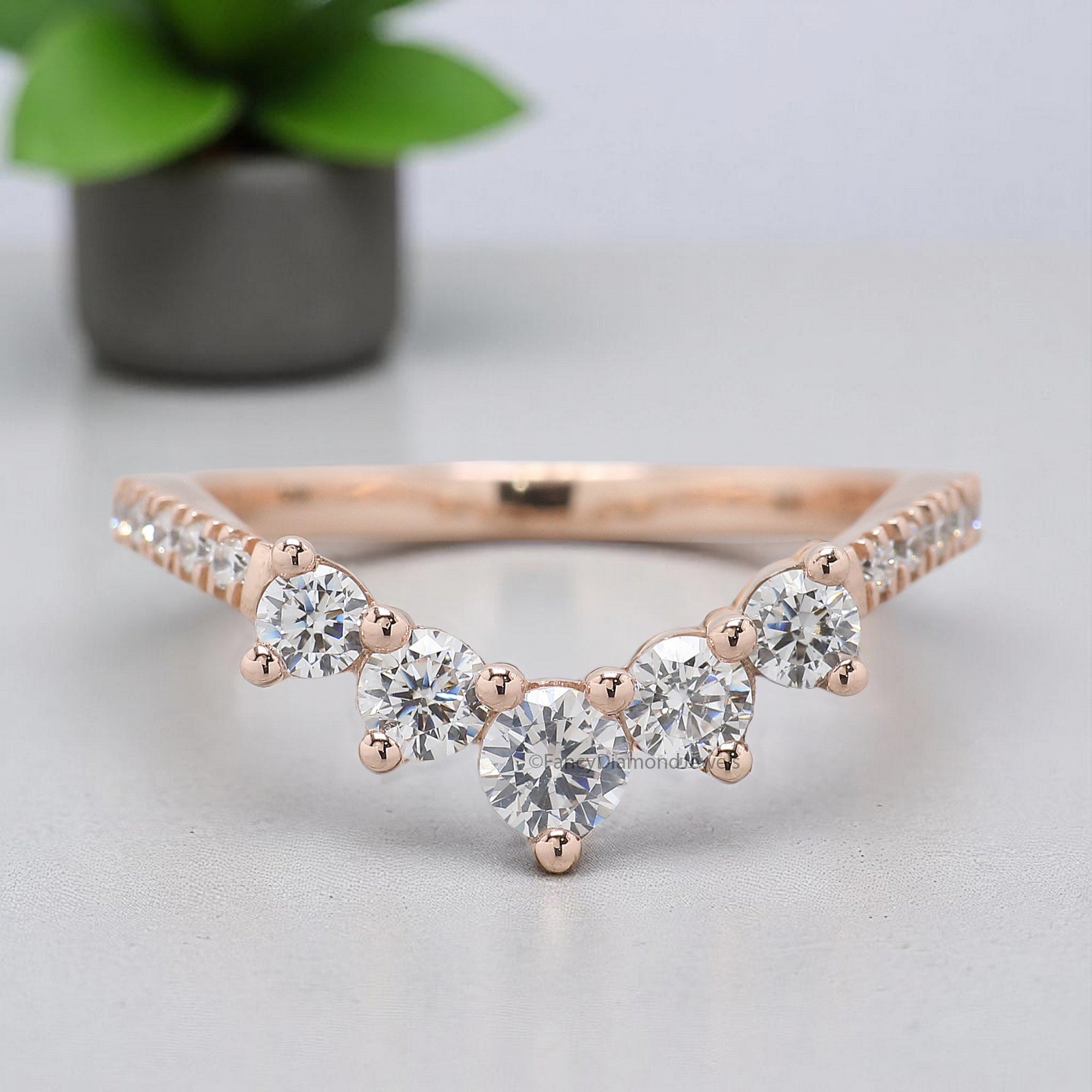 Curved wedding band 0.64 TW Round cut Moissanite ring Chic Thin V Shaped band Silver/10K/14K/18K Band Half eternity Anniversary band FD376