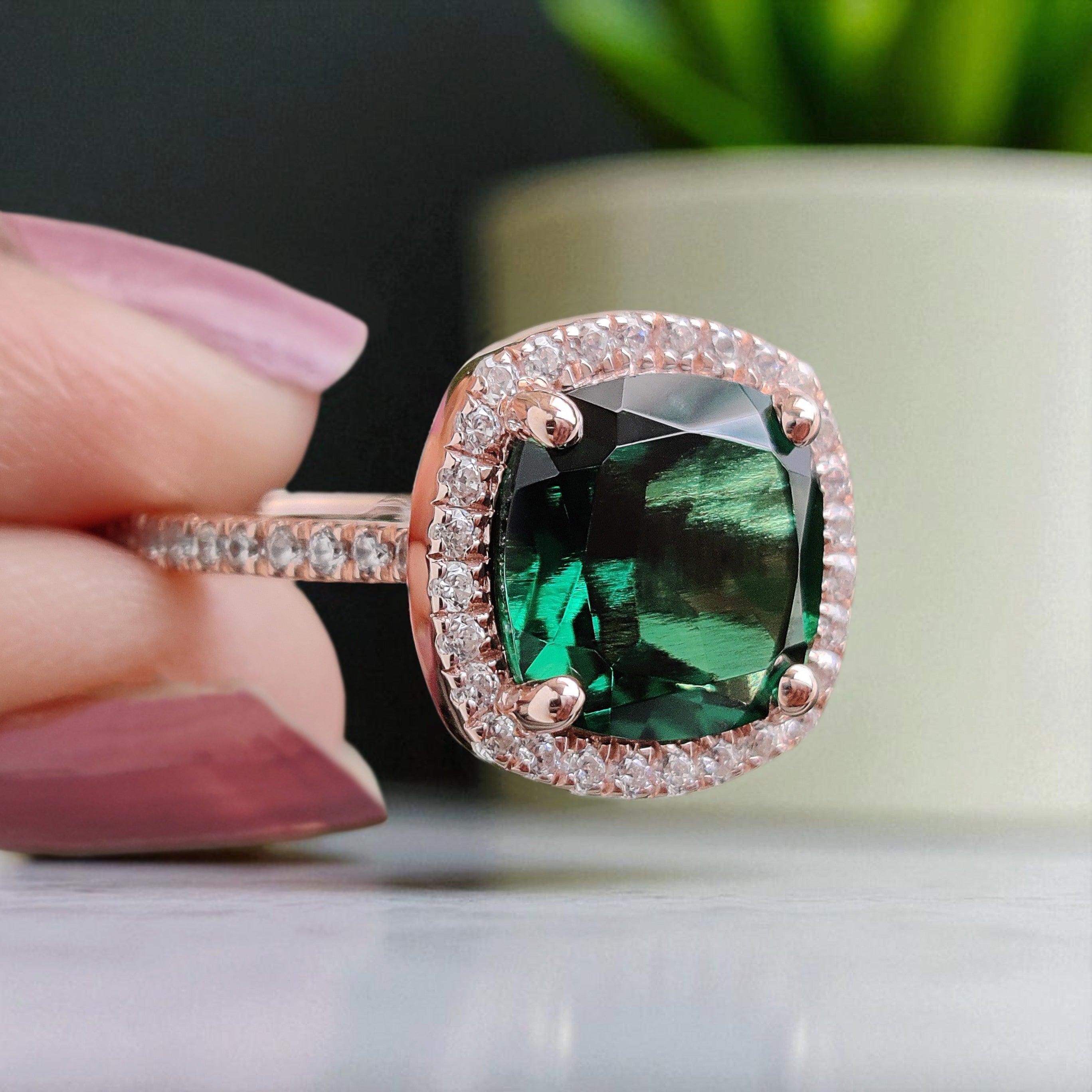 2.60 CT Cushion Cut Green Emerald Engagement Ring Rose Gold Ring Cushion Wedding Ring Unique Art Deco Vintage Halo Ring Gift For Her FD422