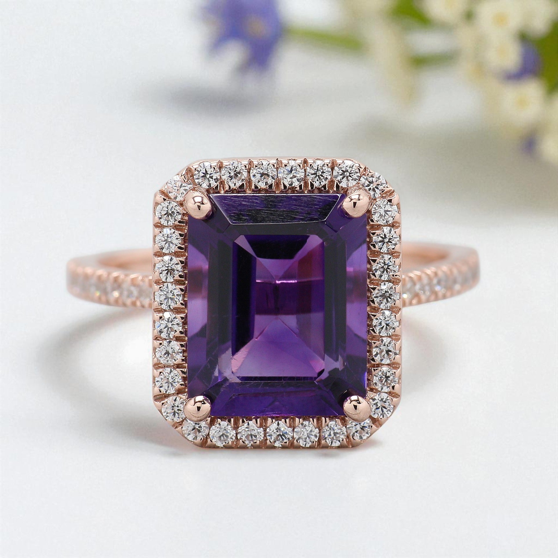 3.40 CT Emerald Cut Purple Amethyst Engagement Ring Rose Gold Ring Emerald Shape Diamond Wedding Ring Unique Vintage Ring Gift For Her FD423