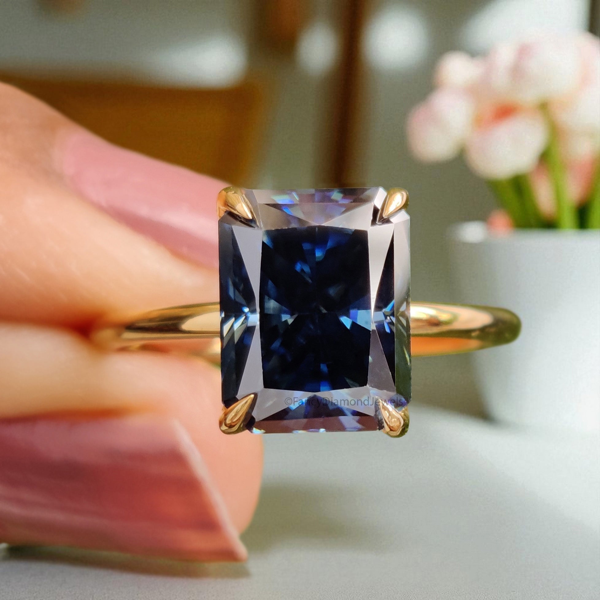 2.90 CT Radiant Cut Royal Blue Moissanite Ring Yellow Gold Ring Engagement Ring Wedding Ring Pointed Claw Prong Ring Solitaire Ring FD399