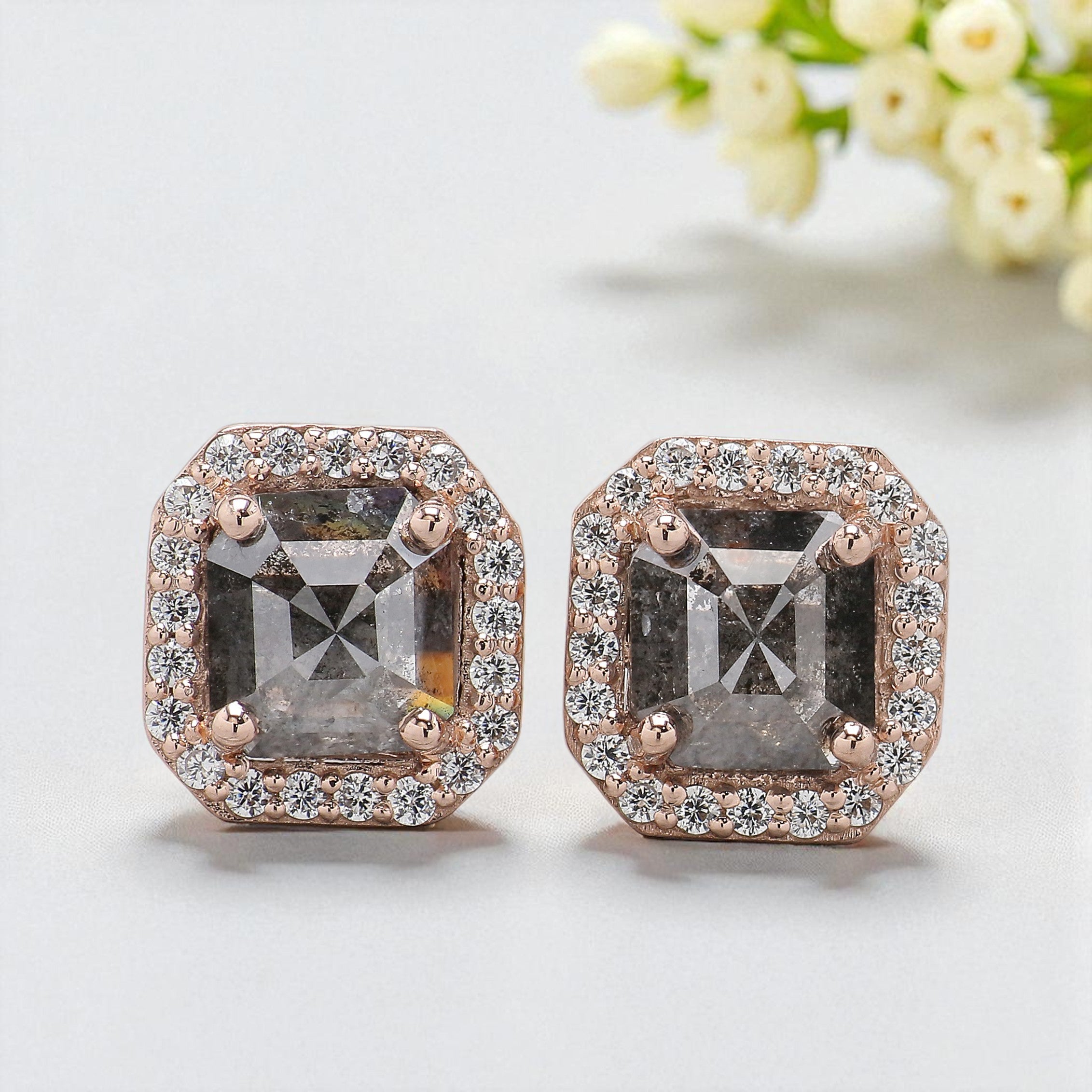 Emerald Shape Salt And Pepper Diamond Earring Emerald Earring Halo Set Earring Engagement Earring Earlobe Earrings Gift For Her KD860