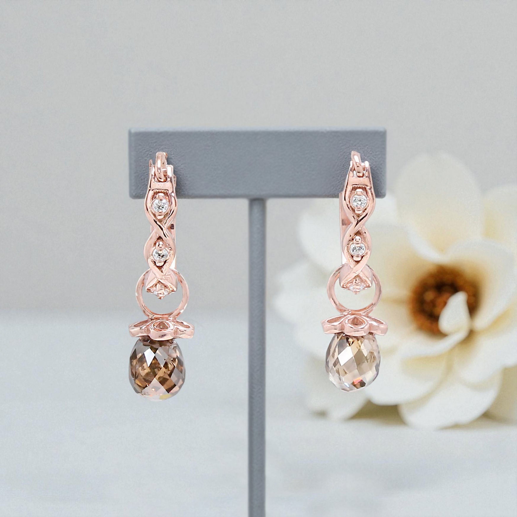Drop Cut Brown Color Diamond Earring 1.34 Ct 5.15 MM Drop Diamond Earring 14K Solid Rose Gold Silver Engagement Earring Gift For Her KDN840