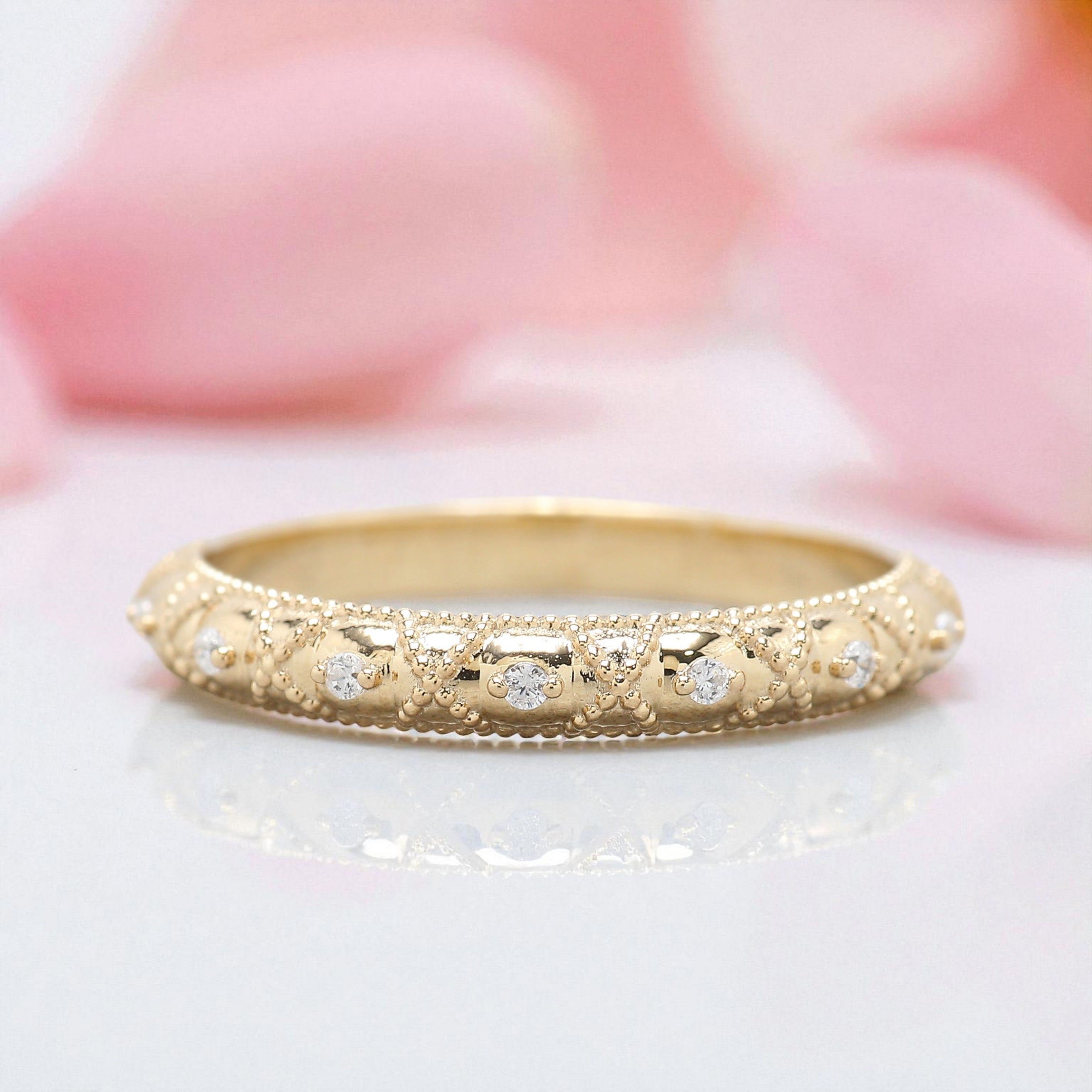 Half Eternity Band Vintage Lab Grown Diamond Wedding Band 14K Solid Gold Milgrain Band Ring Stackable Matching Rings Gift for Women FD453