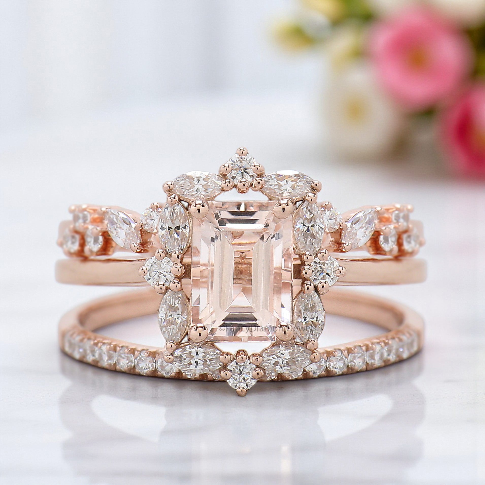 0.95 CT Emerald Shape Morganite Engagement Ring Set Unique art deco Marquise halo Starburst Ring Round wedding ring Gift For Her FD440