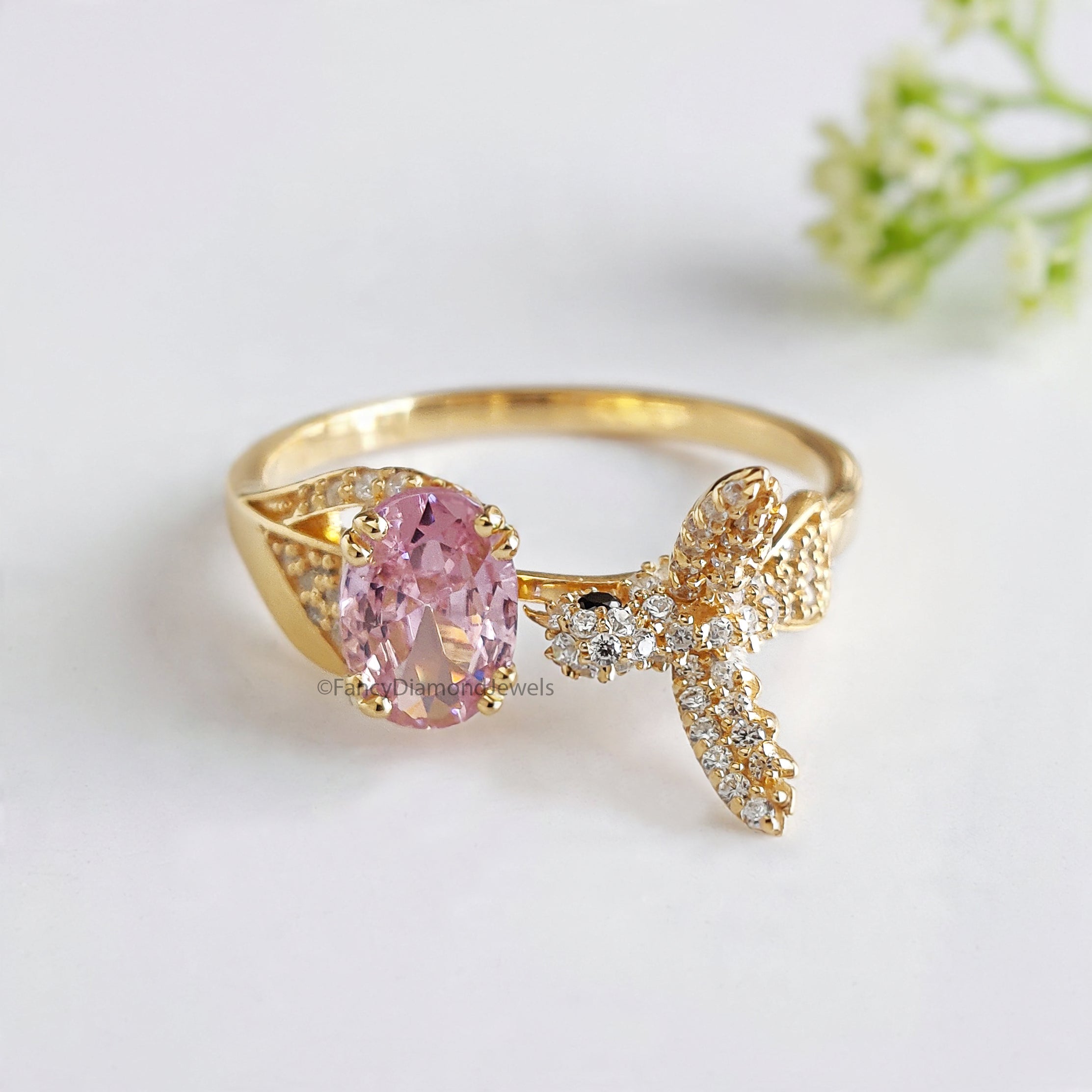Oval Diamond Bird Ring Simulated Diamond Engagement Ring Yellow Plated Ring Anniversary Ring Simulant Pink Oval ring Gift For Her FD532