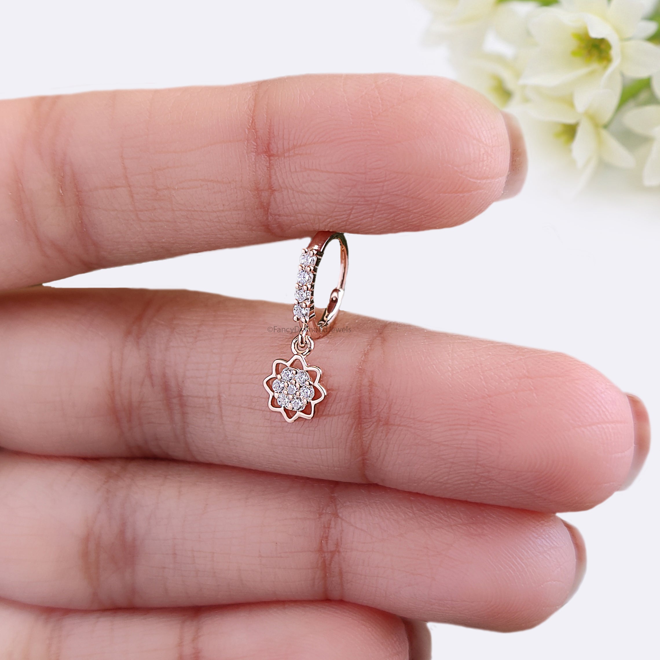 Flower Nose Ring With Diamond Dangling Nose Studs Moissanite Diamond Nose Hoop Nose Stud Rose Gold Nose Ring Diamond Nose Stud Hoop FD492
