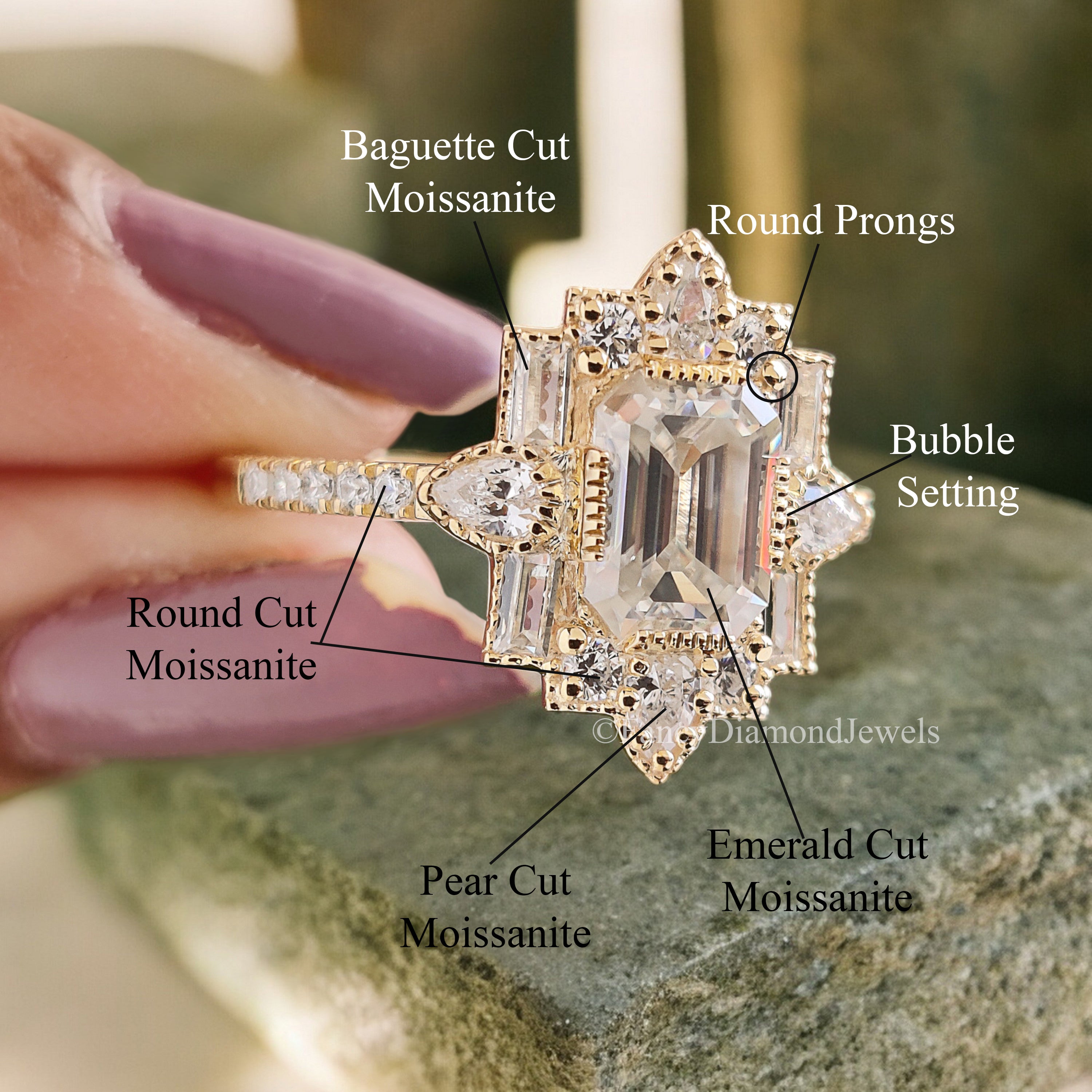 1.00 CT Emerald Cut Vintage Bridal Engagement Ring Baguette wedding ring Unique art deco ring Pear halo ring Starburst ring For Her FD188