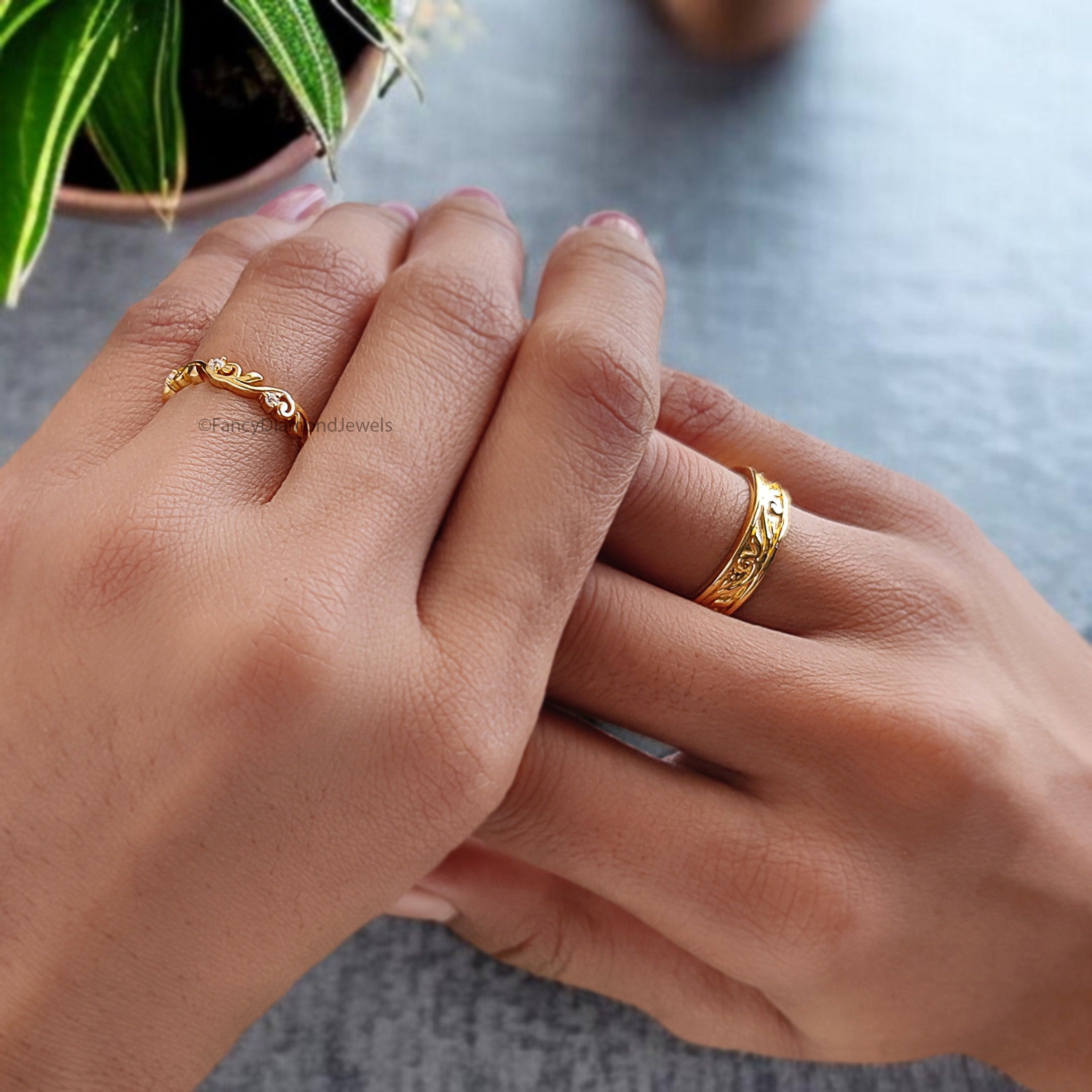 Elegant Silver Wedding Ring Set with Sparkling Diamonds for Couples Wedding Band Set Natural Style Flower & Leaf Wedding Ring Set FD524