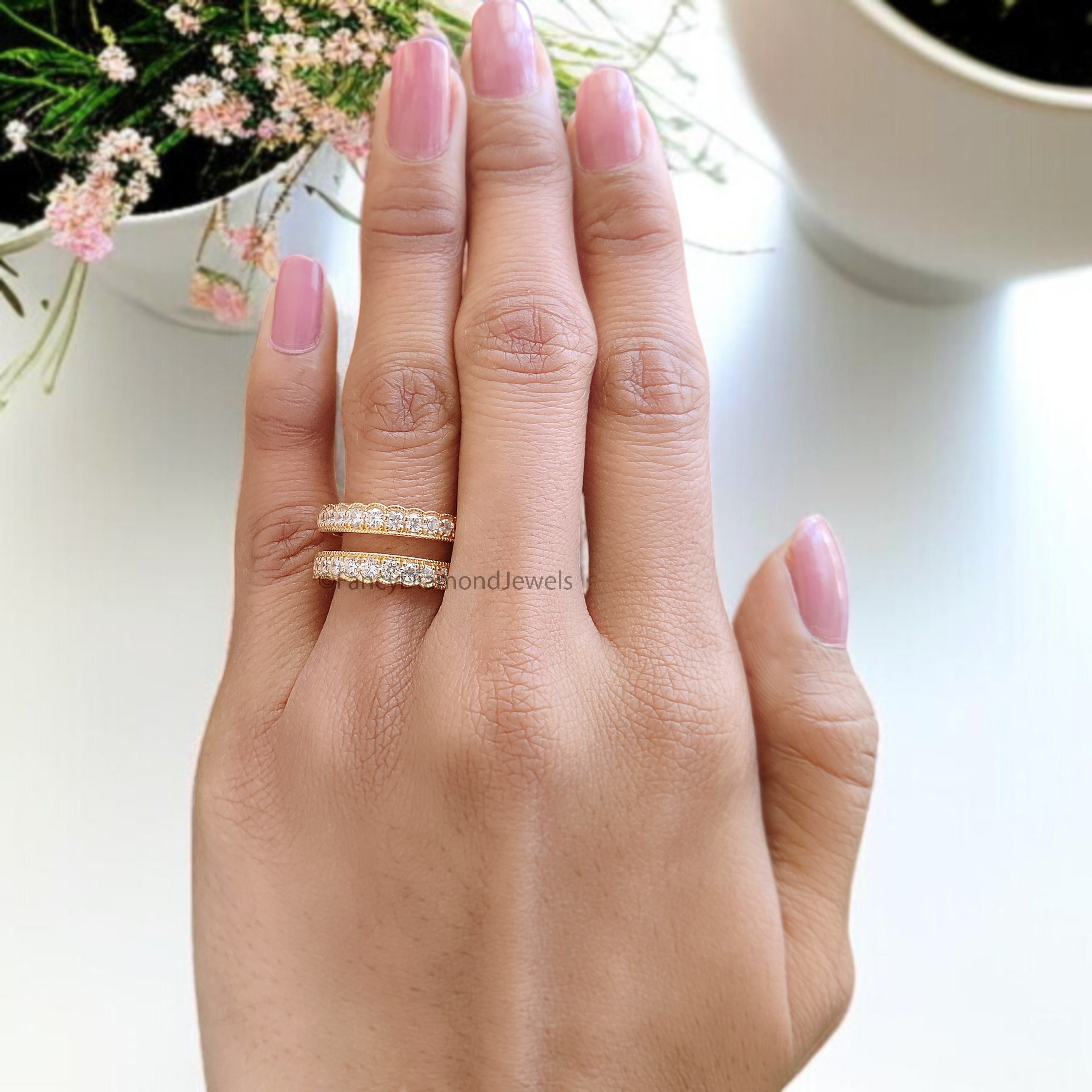 Round Cut Diamond Wedding Band Yellow Gold Unique Half Eternity Wedding Band Vintage Double Stacking Matching Bridal Gift For Her FD527