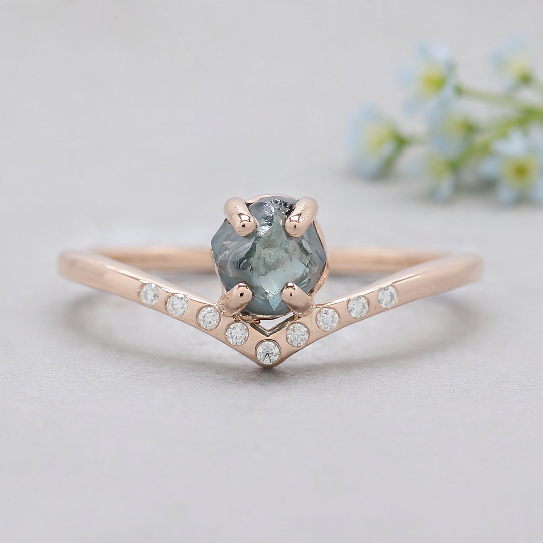 0.97 Ct Natural Rough Cut Blue Color Diamond Ring 5.65 MM Crystal Rough Diamond Ring 14K Solid Rose Gold Silver Engagement Ring QL2347
