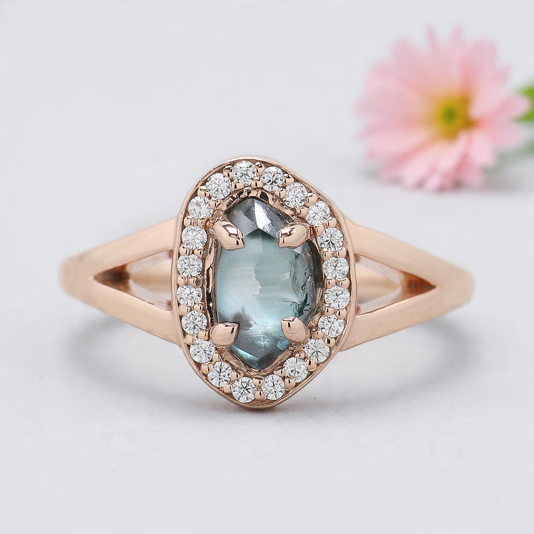 Rough Blue Color Diamond Ring 1.40 Ct 8.04 MM Crystal Rough Diamond Ring 14K Solid Rose Gold Silver Engagement Ring Gift For Her QL2295