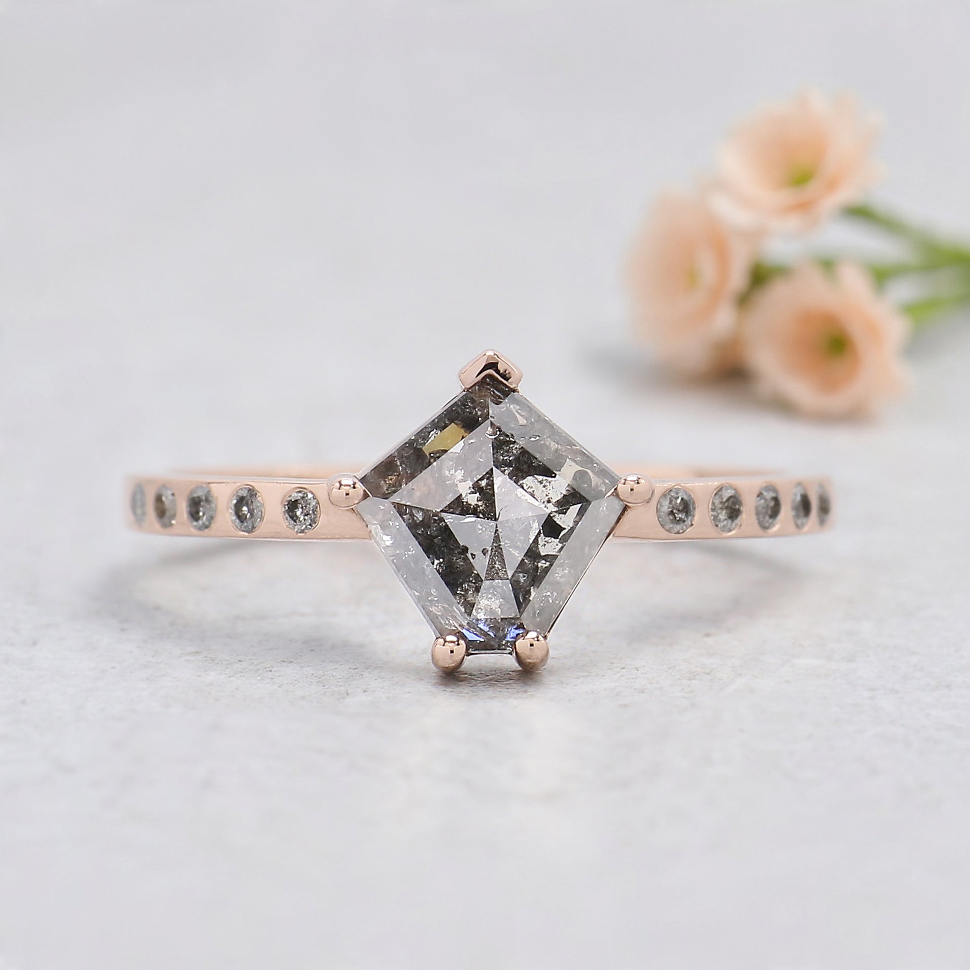 Pentagon Salt and Pepper Diamond Engagement Ring, 14K Rose Gold Ring, Unique Geometric Diamond Ring, Minimalist Fine Jewelry Gift KDL601