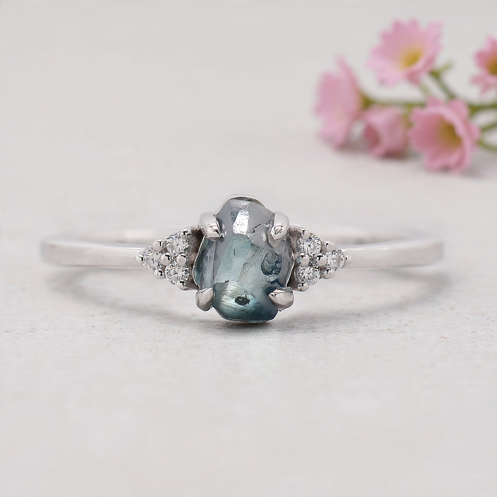 Rough Blue Color Diamond Ring 0.99 Ct 5.83 MM Crystal Rough Diamond Ring 14K Solid White Gold Silver Engagement Ring Gift For Her QL2361
