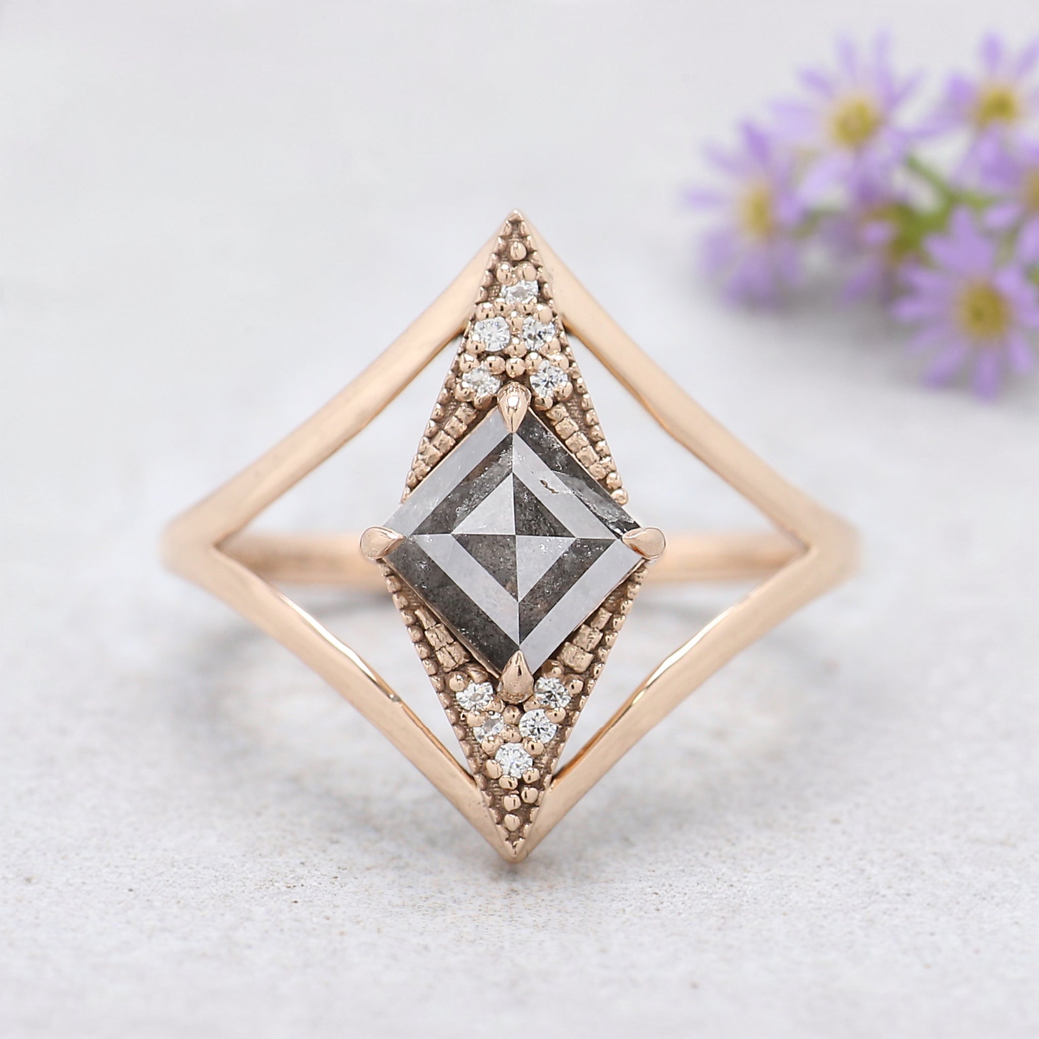 Kite Cut Salt And Pepper Diamond Ring 0.97 Ct 8.09 MM Kite Diamond Ring 14K Solid Rose Gold Silver Kite Engagement Ring Gift For Her QL2199