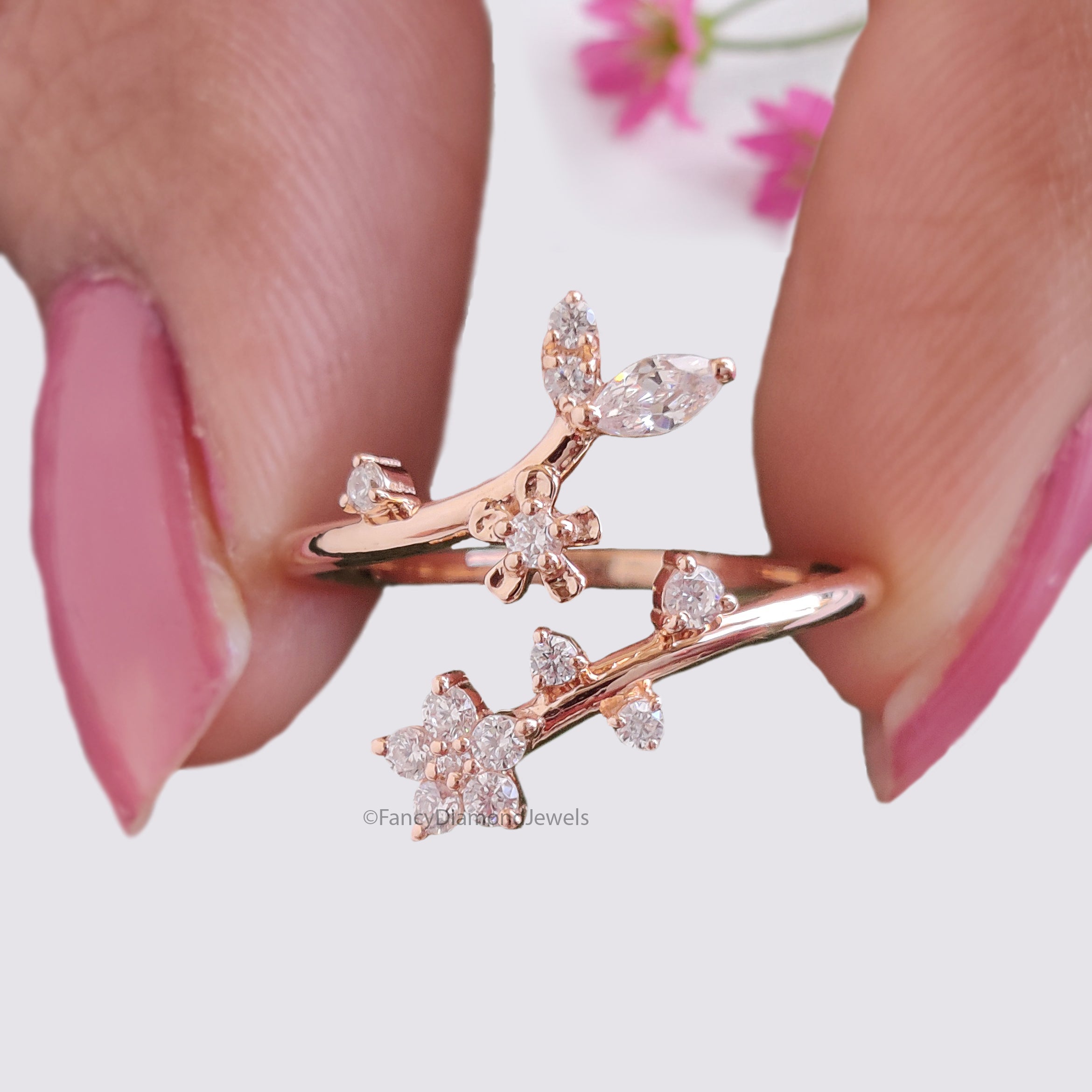 Marquise / Round Cut Wedding Ring Rose Gold Unique Anniversary Ring Spring Flower Ring Adjustable Delicate Personalized Gift For Her FD536
