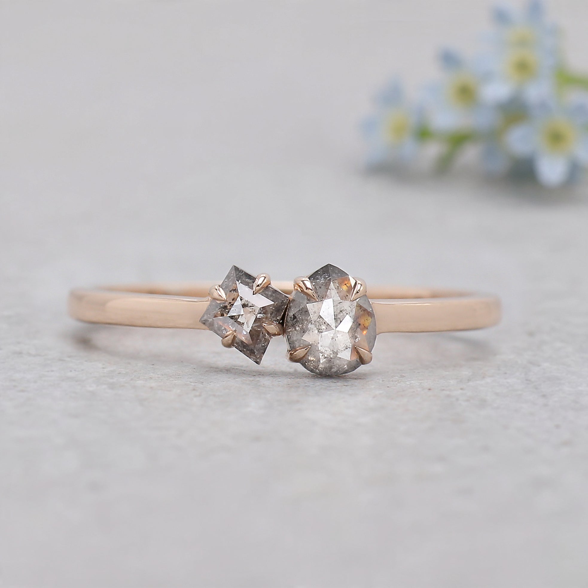 Toi Et Moi Salt And Pepper Diamond Ring 0.32 Ct 4.76 MM Mix Shape Diamond Ring 14K Rose Gold Silver Engagement Ring Gift For Her KDN2397