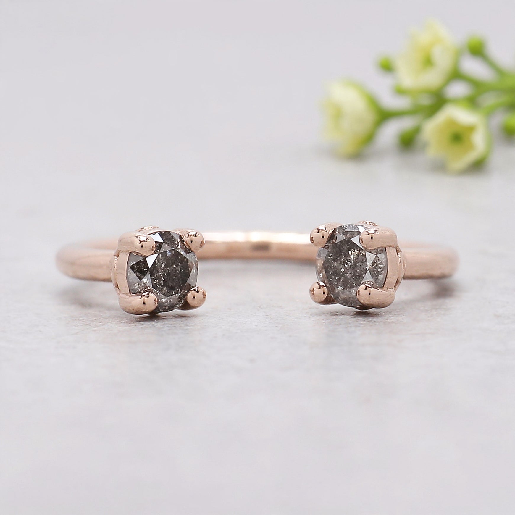 0.40 Ct Natural Round Salt And Pepper Diamond Ring 3.70 MM Open Gap Round Diamond Ring 14K Solid Rose Gold Silver Engagement Ring KDL1062