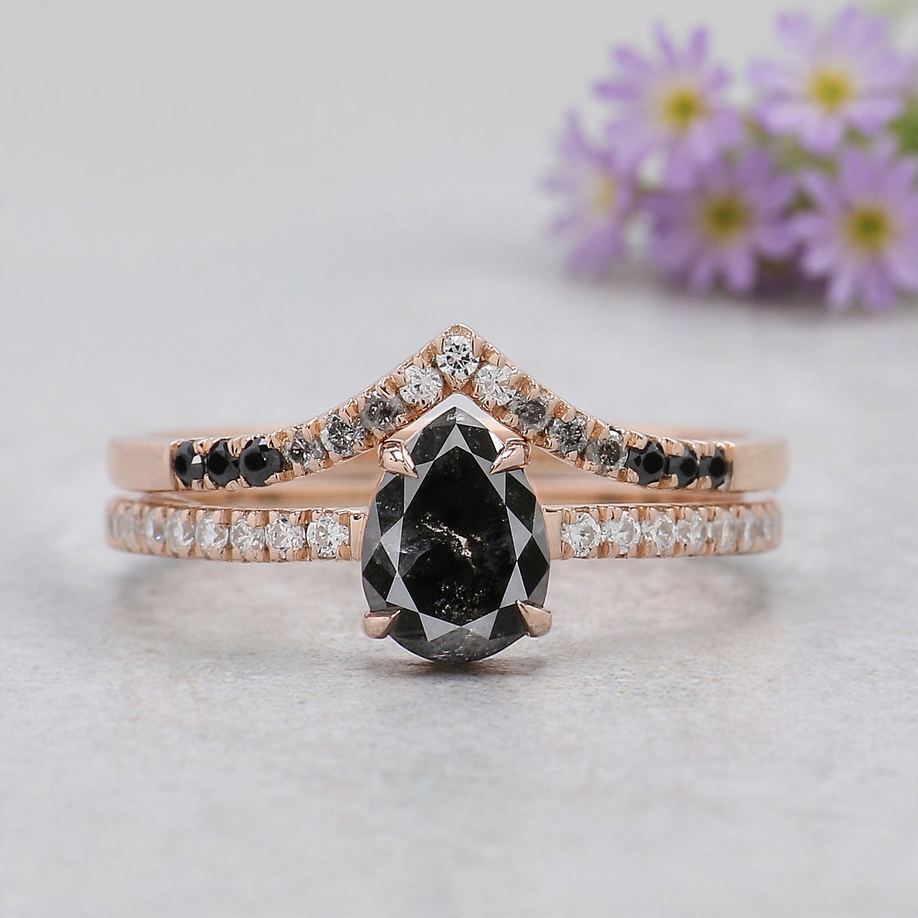 Pear Cut Salt And Pepper Diamond Ring 0.74 Ct 6.99 MM Pear Diamond Ring 14K Solid Rose Gold Silver Pear Engagement Ring Gift For Her KDL3006