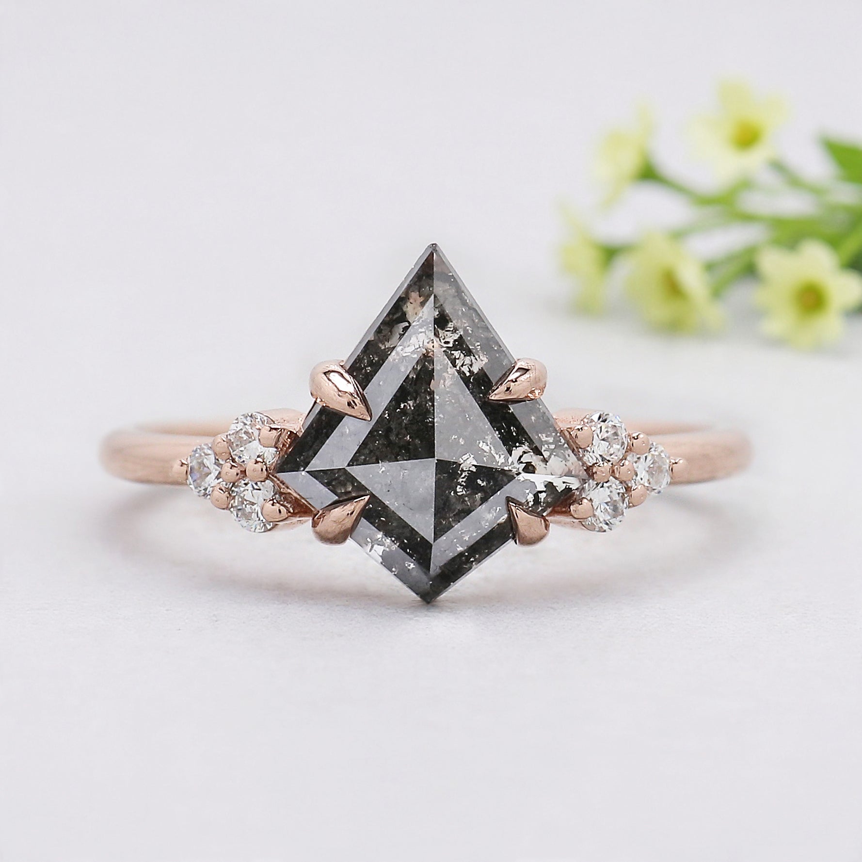 Kite Cut Salt And Pepper Diamond Ring 1.06 Ct 10.04 MM Kite Diamond Ring 14K Solid Rose Gold Silver Engagement Ring Gift For Her KDL3411