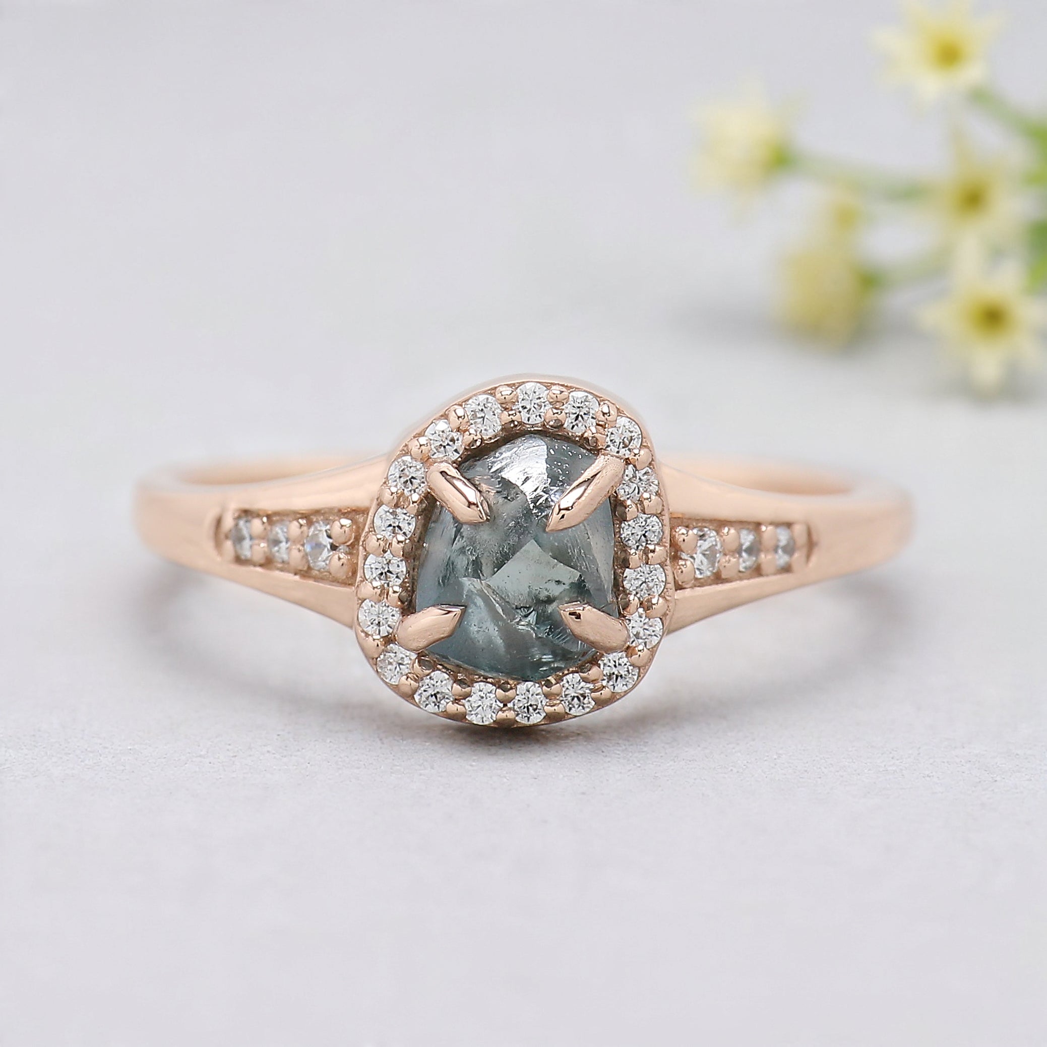 Rough Blue Color Diamond Ring 1.12 Ct 6.12 MM Crystal Rough Diamond Ring 14K Solid Rose Gold Silver Engagement Ring Gift For Her QL2319