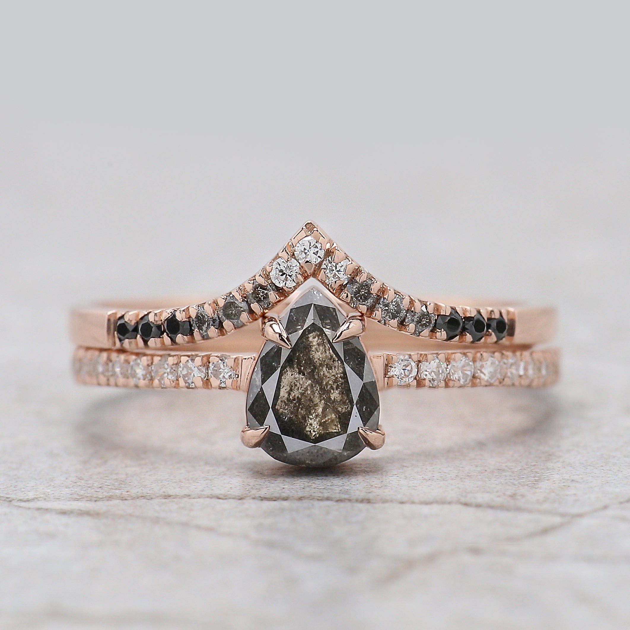 Pear Cut Salt And Pepper Diamond Ring 0.74 Ct 6.73 MM Pear Cut Diamond Ring 14K Solid Rose Gold Silver Engagement Ring Gift For Her KDL2936