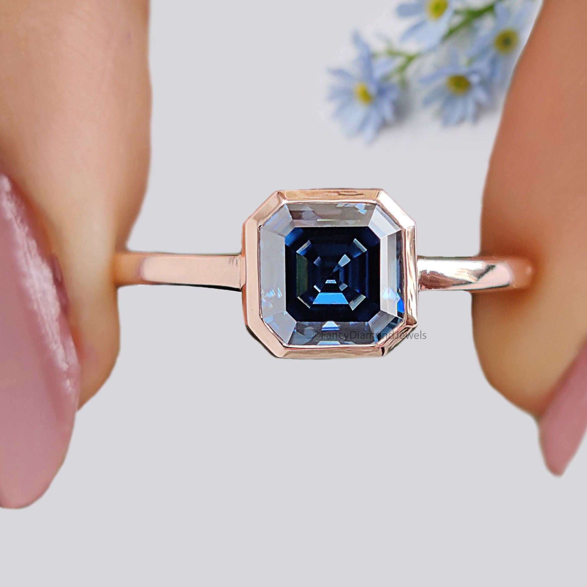 1.20 CT Radiant Moissanite Royal Blue Moissanite Ring Solitaire Engagement Ring Bezel Set Ring Rose Gold Ring Comfort Fit Ring For Her FD222