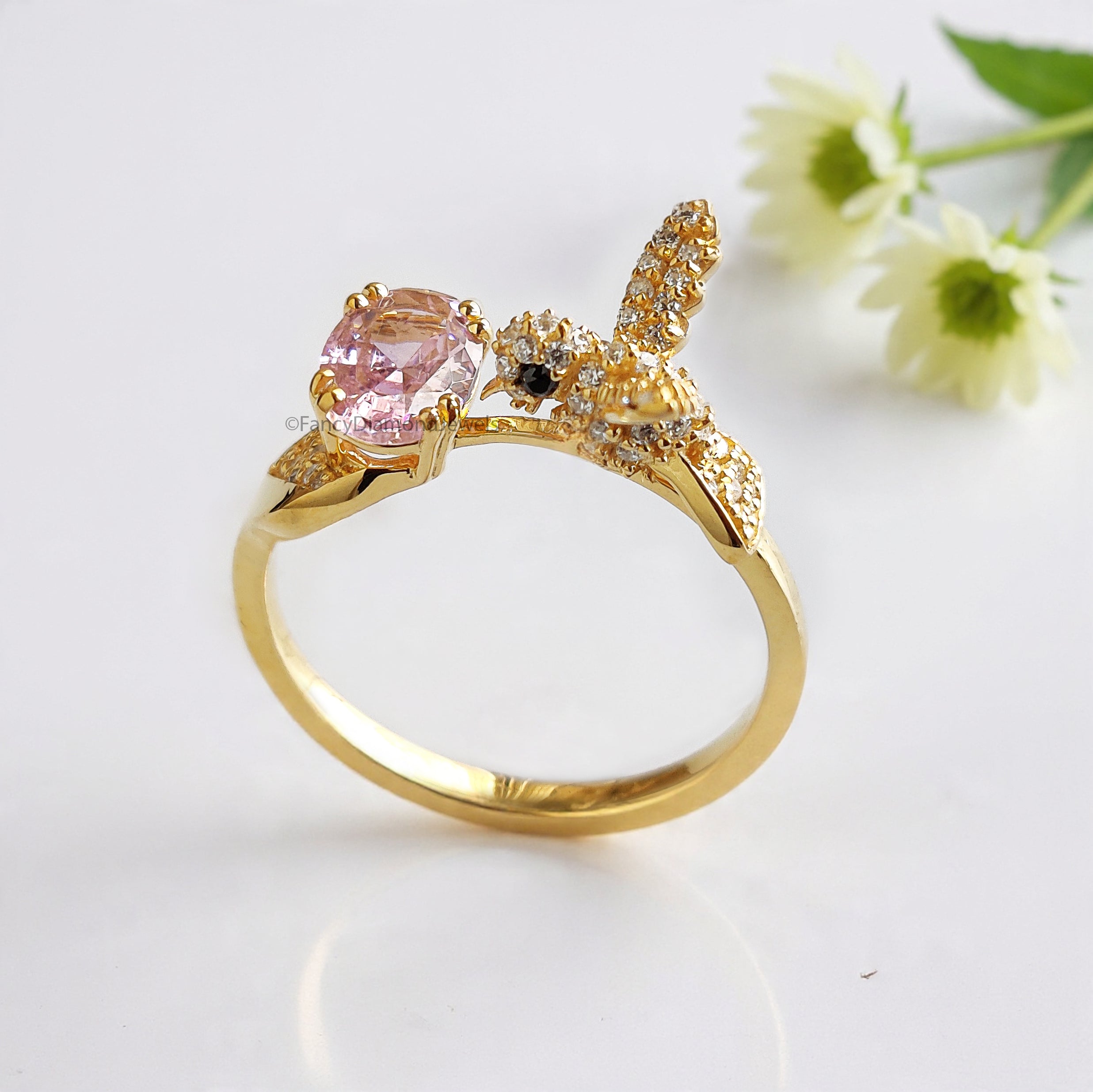 Oval Diamond Bird Ring Simulated Diamond Engagement Ring Yellow Plated Ring Anniversary Ring Simulant Pink Oval ring Gift For Her FD532