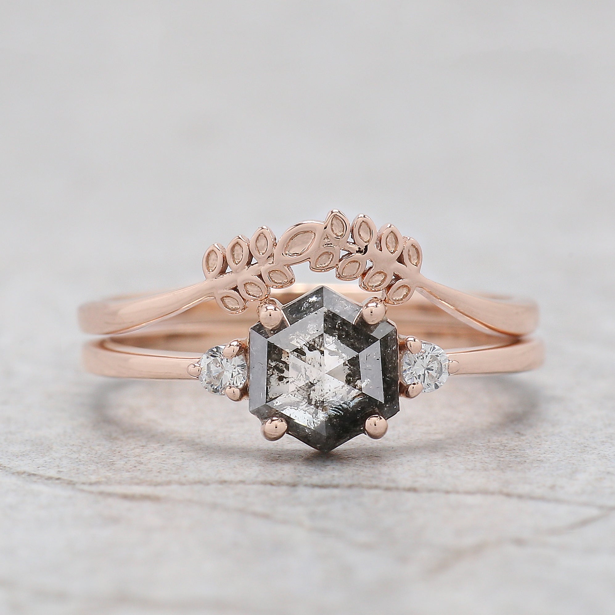 Hexagon Cut Salt And Pepper Diamond Ring 0.84 Ct 6.73 MM Hexagon Cut Diamond Ring 14K Rose Gold Silver Engagement Ring Gift For Her KDL2967