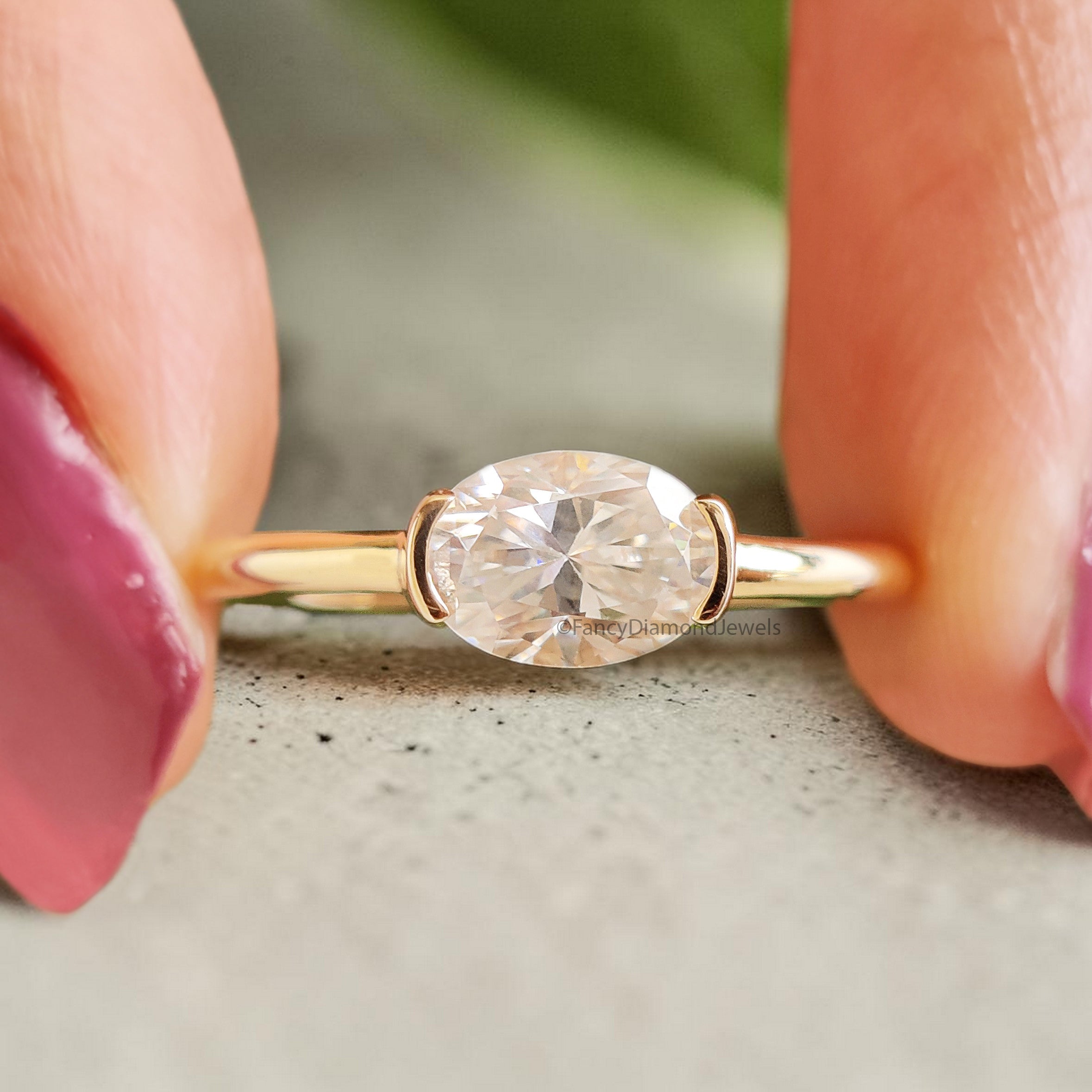 Oval Shape Lab Grown Diamond Half Bezel Ring Solid Gold, Thin Dainty Ring, Oval Diamond Pinky Ring, Minimal Wedding Band Gift For Her FD564