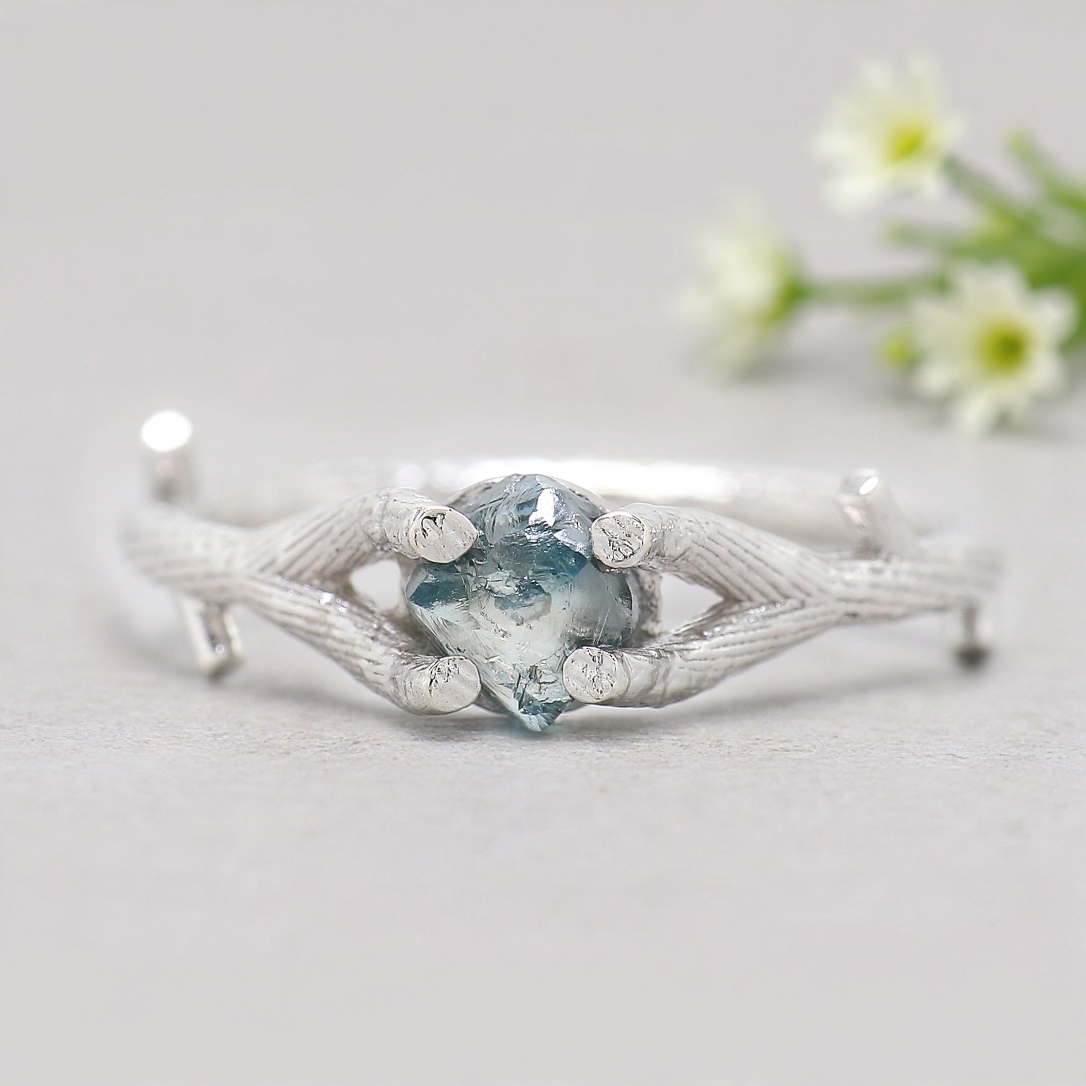 Rough Blue Color Diamond Ring 0.94 Ct 5.73 MM Crystal Rough Diamond Ring 14K Solid White Gold Silver Engagement Ring Gift For Her QL2360