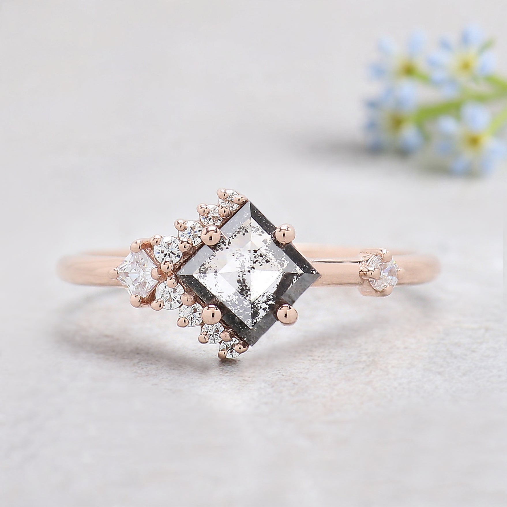 Kite Cut Salt And Pepper Diamond Ring 0.70 Ct 7.10 MM Kite Shape Diamond Ring 14K Solid Rose Gold Silver Engagement Ring Gift For Her KDN930