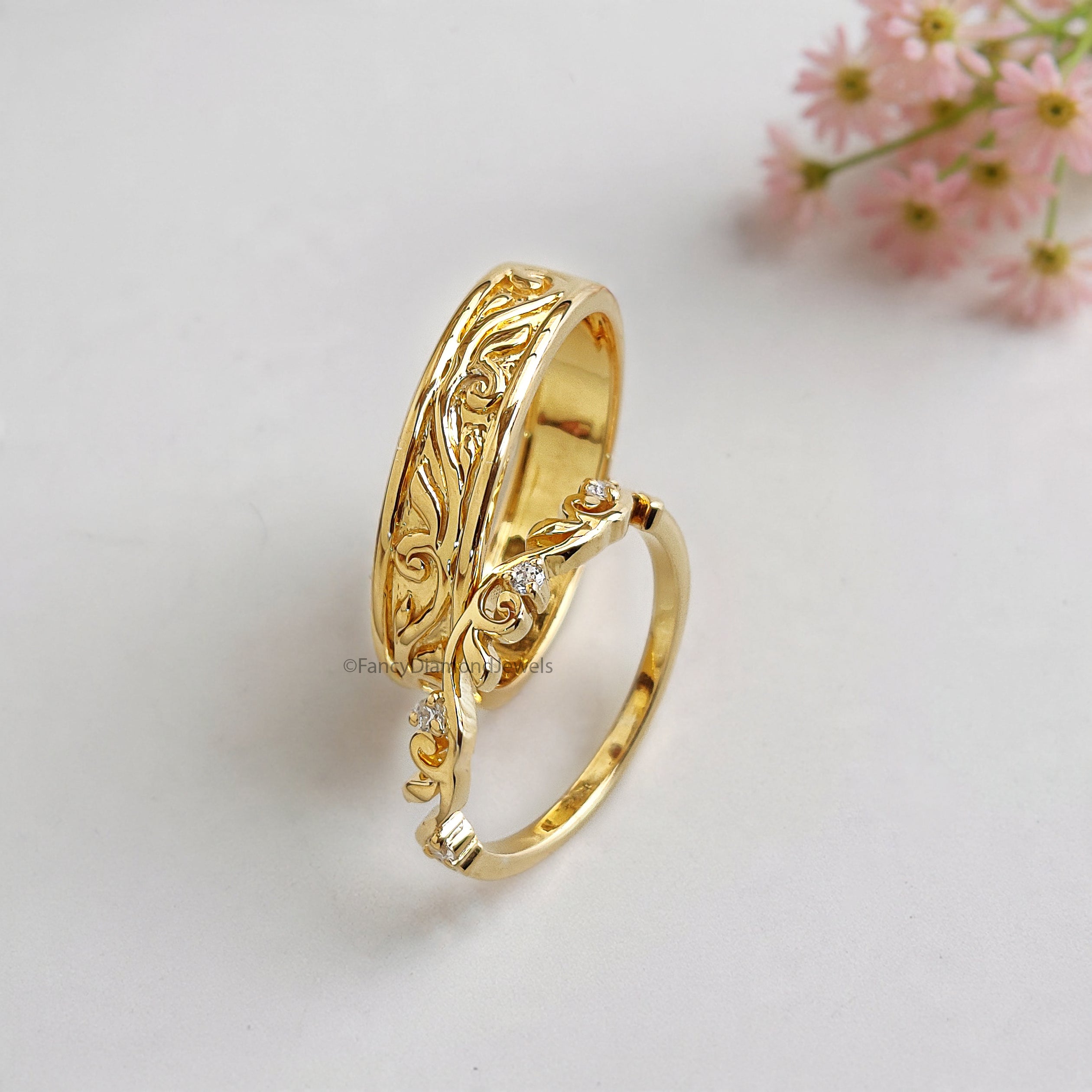 Elegant Silver Wedding Ring Set with Sparkling Diamonds for Couples Wedding Band Set Natural Style Flower & Leaf Wedding Ring Set FD524