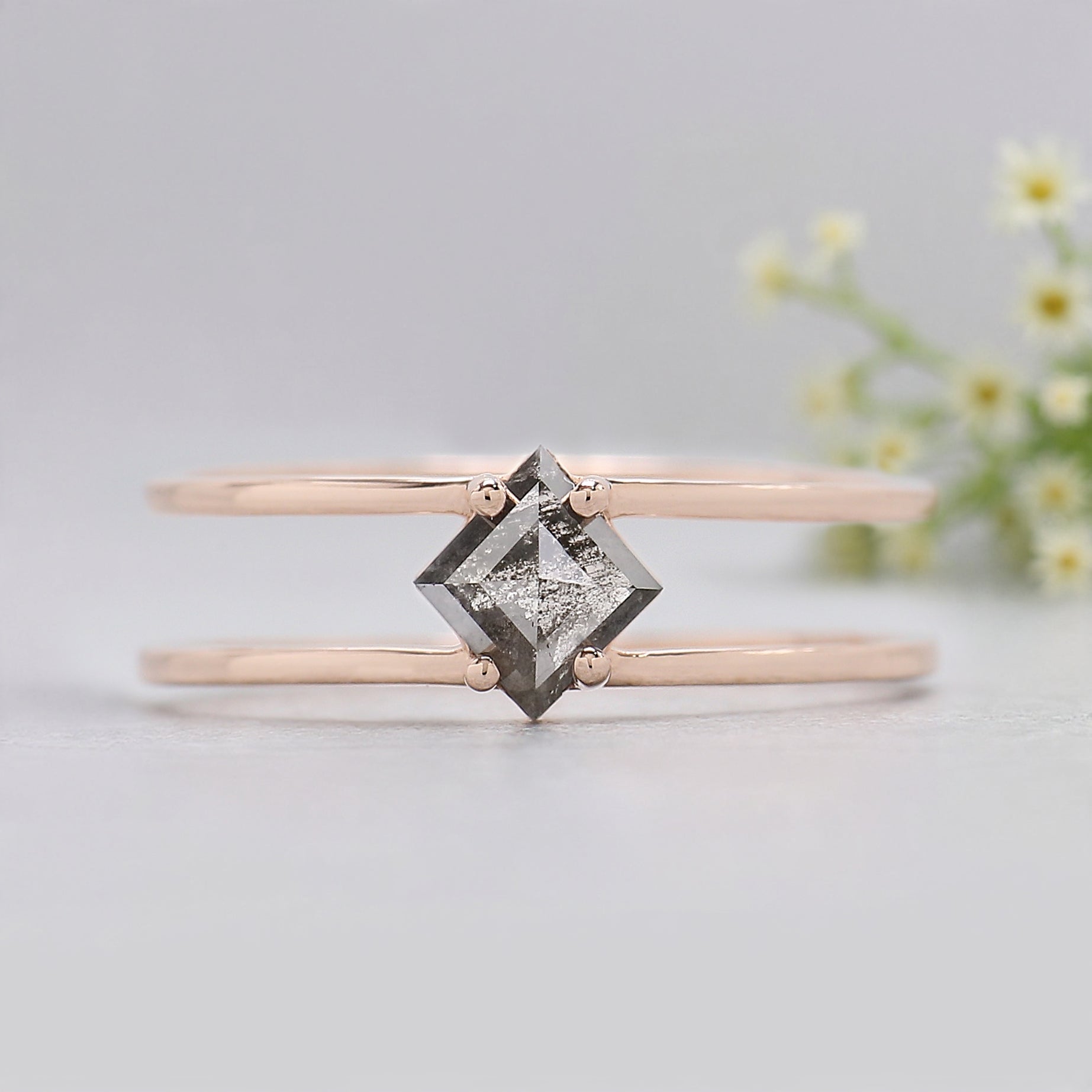 Kite Cut Salt and Pepper Diamond Ring, 14K Rose Gold Engagement Ring, Unique Diamond Ring, Minimalist Double Band Ring, Gift for Her KDK2572