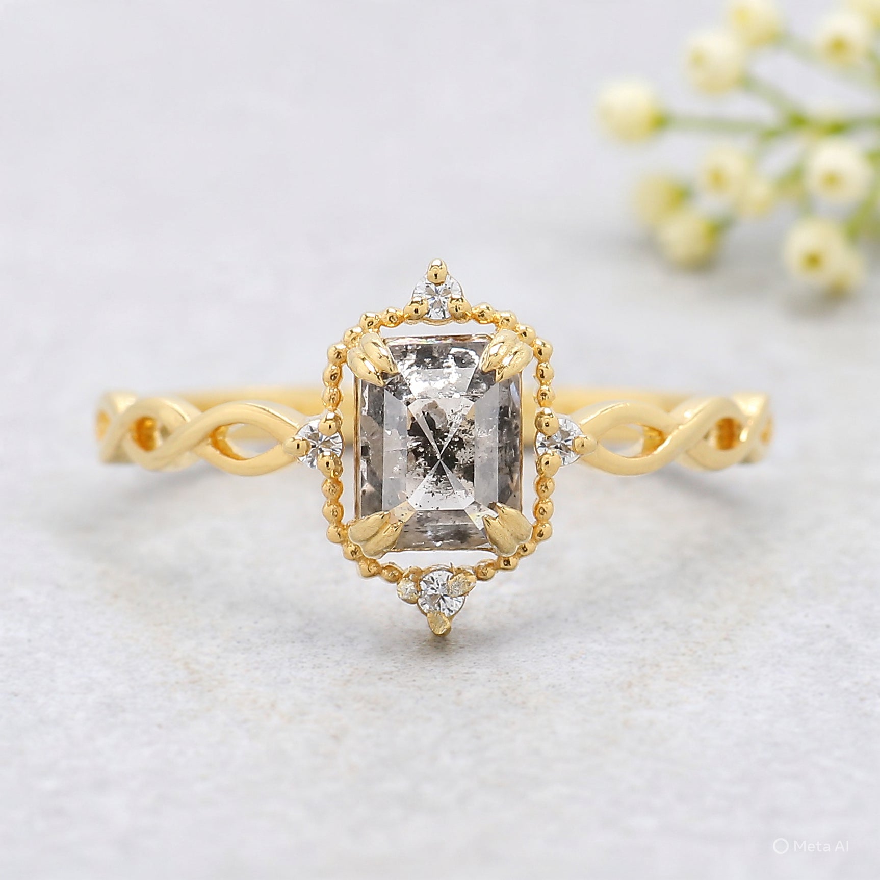 Emerald Salt And Pepper Diamond Ring 0.94 Ct 5.88 MM Emerald Diamond Ring 14K Solid Yellow Gold Silver Engagement Ring Gift For Her KDL9559