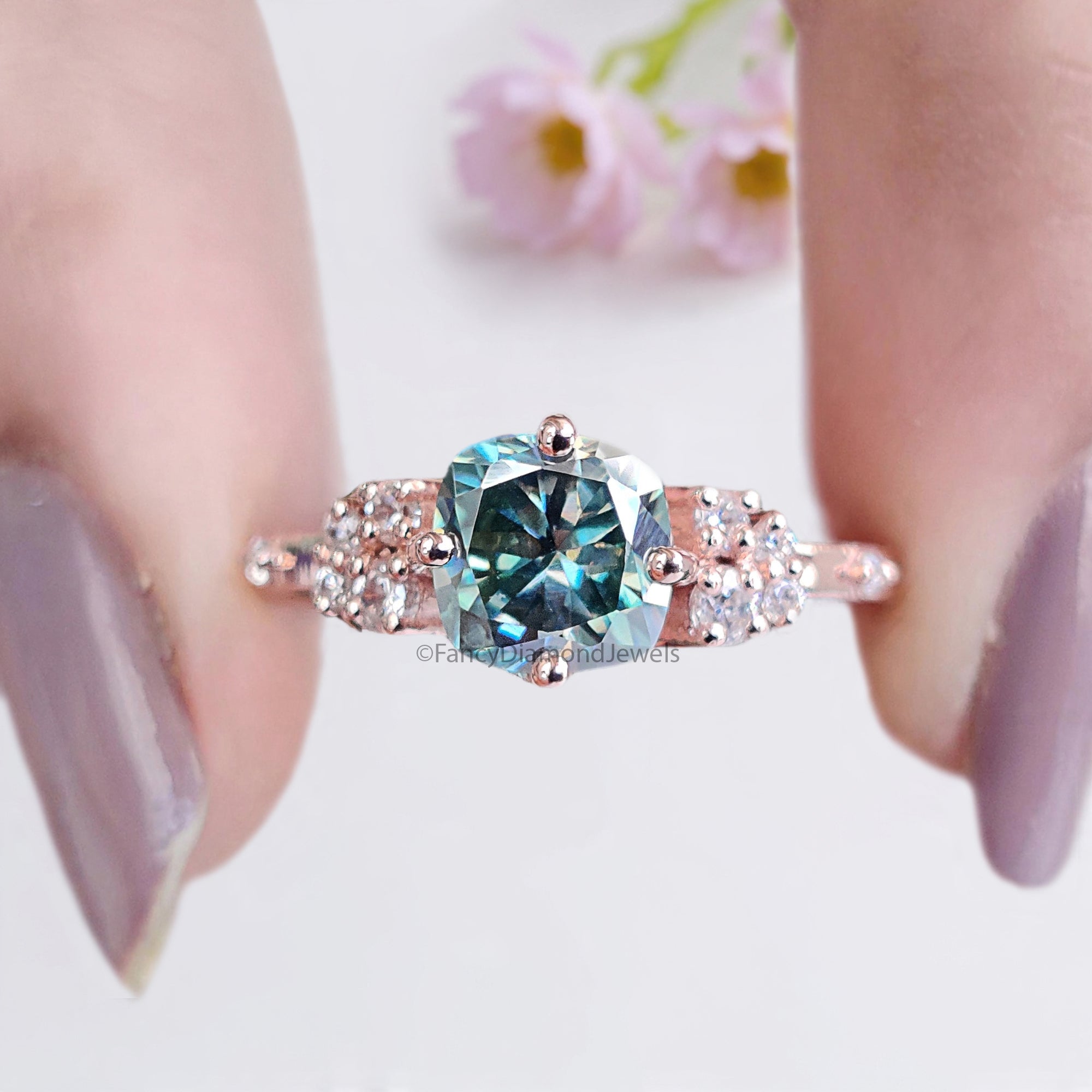 Muse Engagement Ring for Women 1.25 TW Cushion Fancy Cut Cyan Blue Moissanite Ring Hidden Halo Ring Wedding Ring for Her Comfort Fit FD08