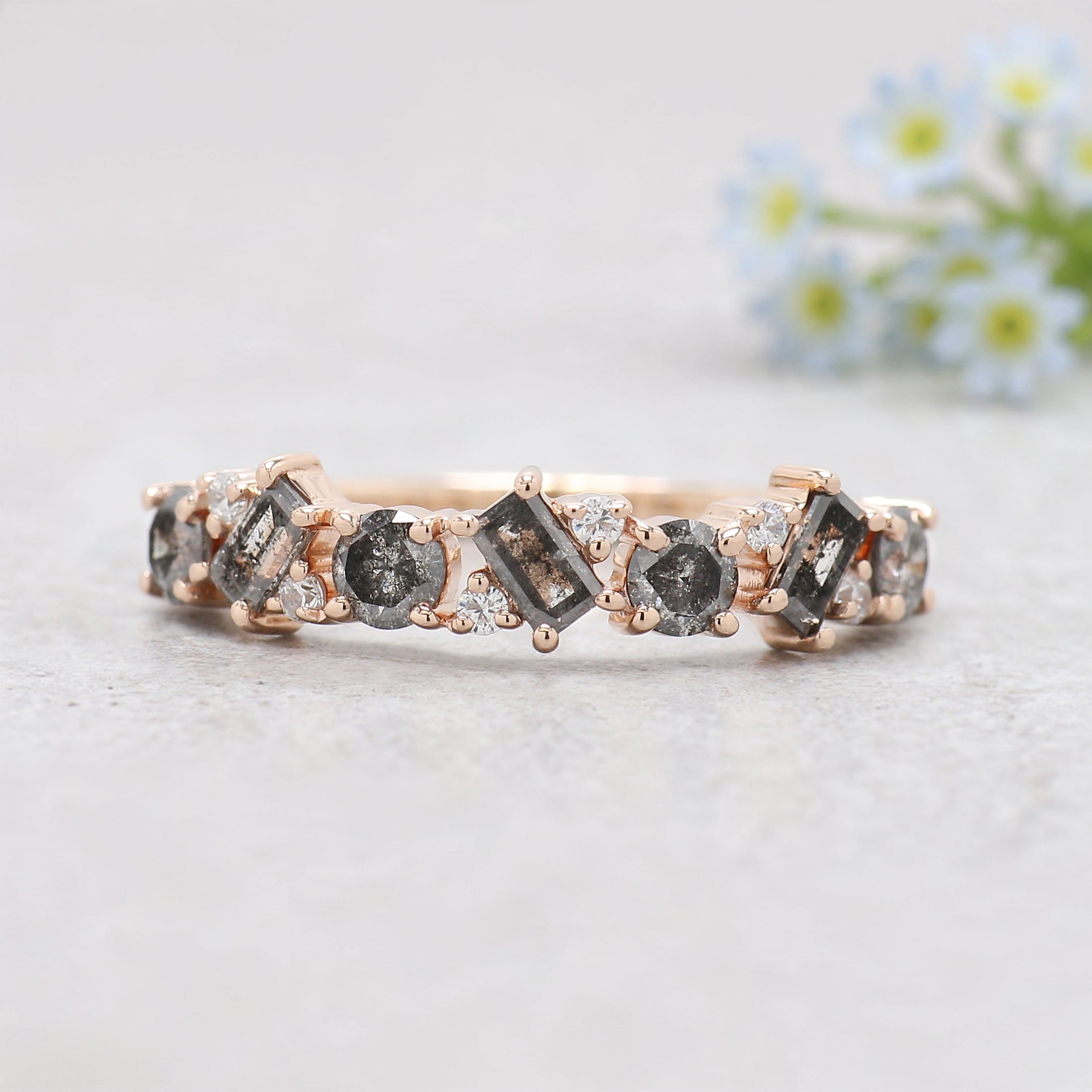 Round & Baguette Salt and Pepper Diamond Band, Half Eternity Wedding Ring in Solid Gold or Silver, Unique Anniversary Gift for Her FD549