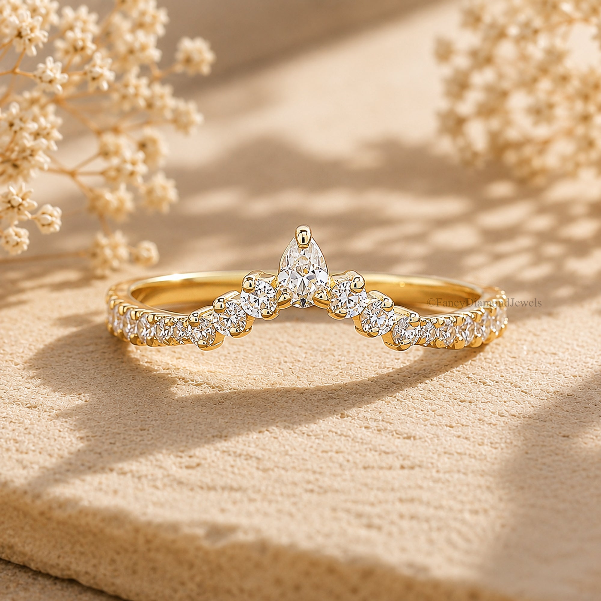 V Shaped Chevron Wedding Band, Pear and Round Lab Grown Diamond Band, Half Eternity Stackable Band, Curved Band, Anniversary Gifts FD582
