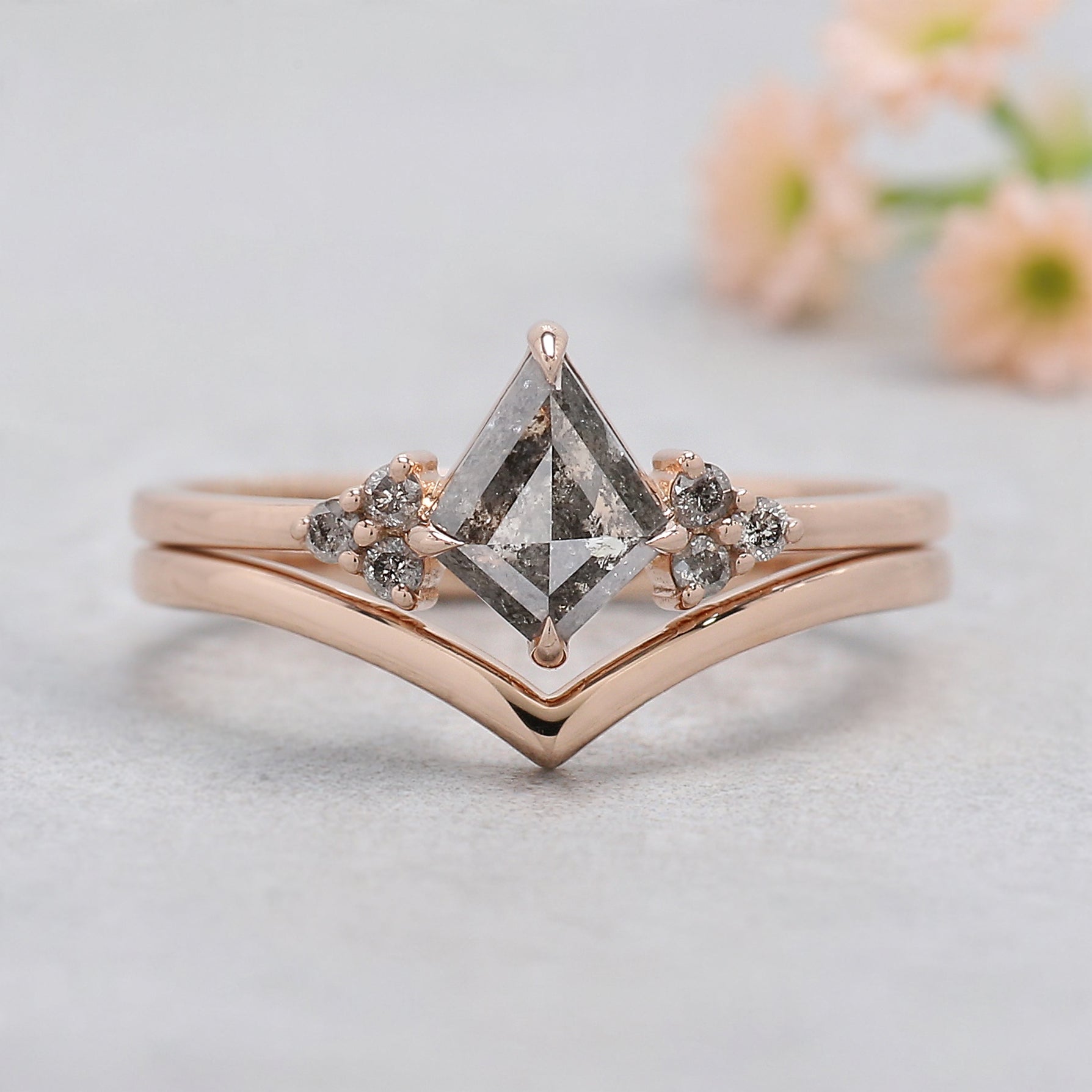 Kite Cut Salt And Pepper Diamond Ring 0.60 Ct 7.20 MM Kite Diamond Ring 14K Solid Rose Gold Silver Engagement Ring Set Gift For Her KDN2095