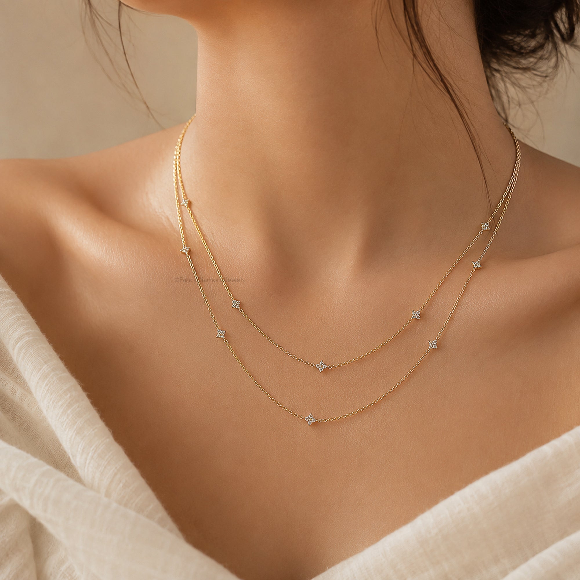 18K Gold Attached Diamond Station Necklace | Four Leaf Clover Star Necklace | Dainty or Large Diamond Chain | Everyday Fine Jewelry FD569