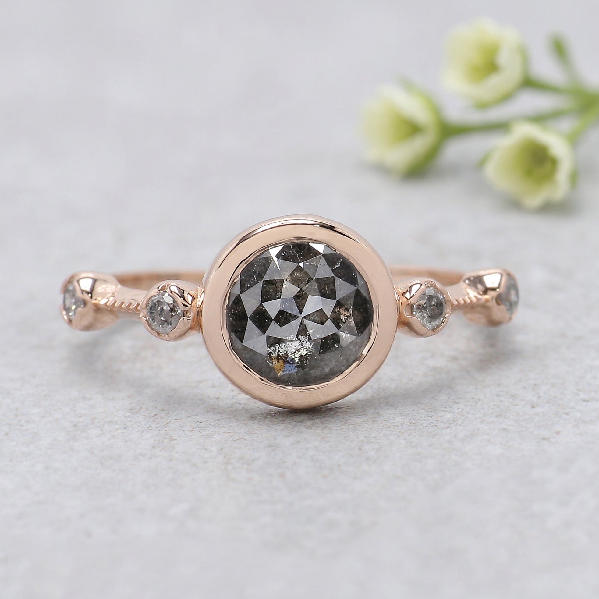 Round Rose Cut Salt And Pepper Diamond Ring 1.23 Ct 6.80 MM Round Cut Diamond Ring 14K Rose Gold Silver Engagement Ring Gift For Her KDL1167